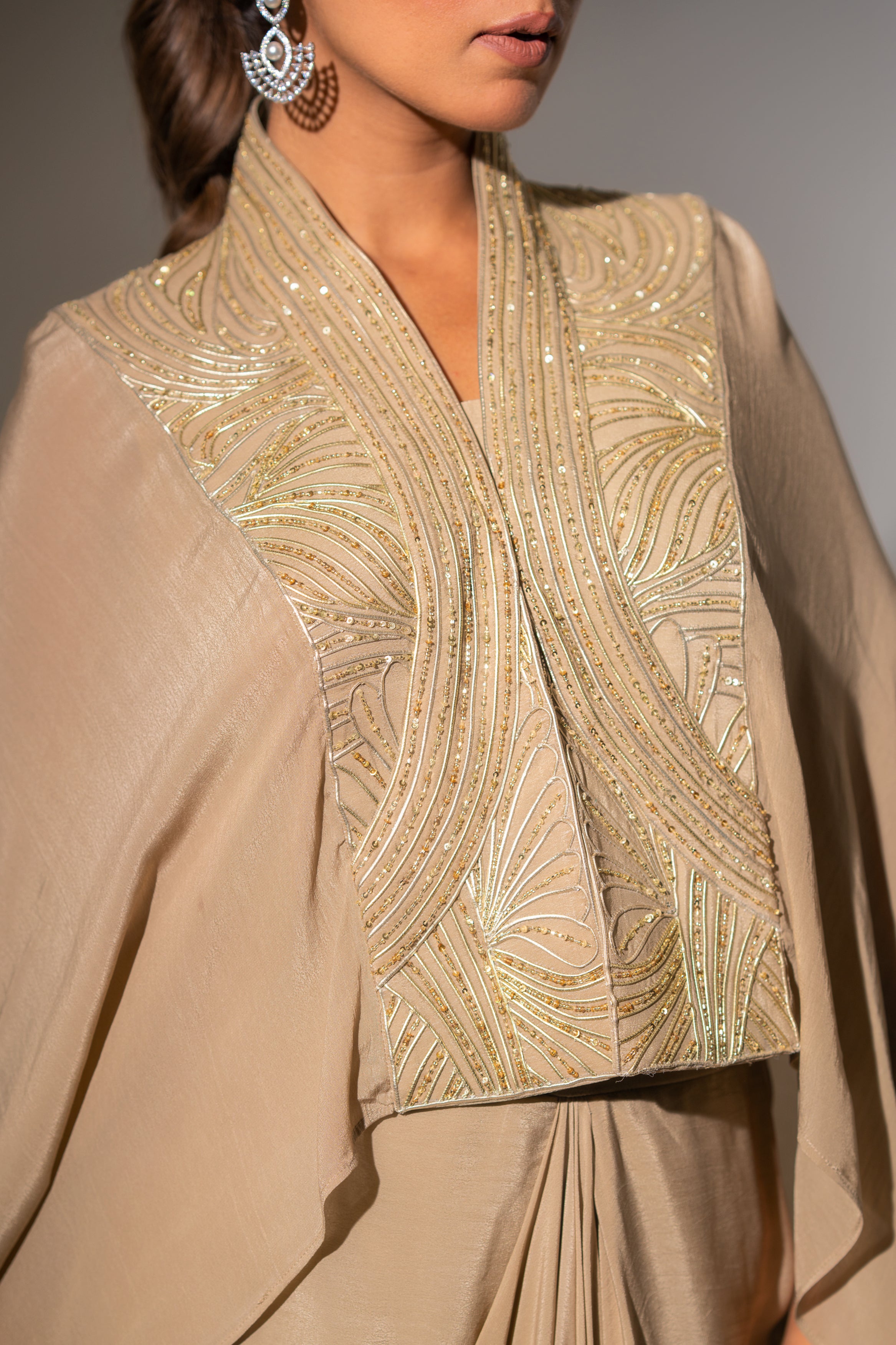 EMBROIDERED CAPE WITH BUSTIER & DRAPED SKIRT
