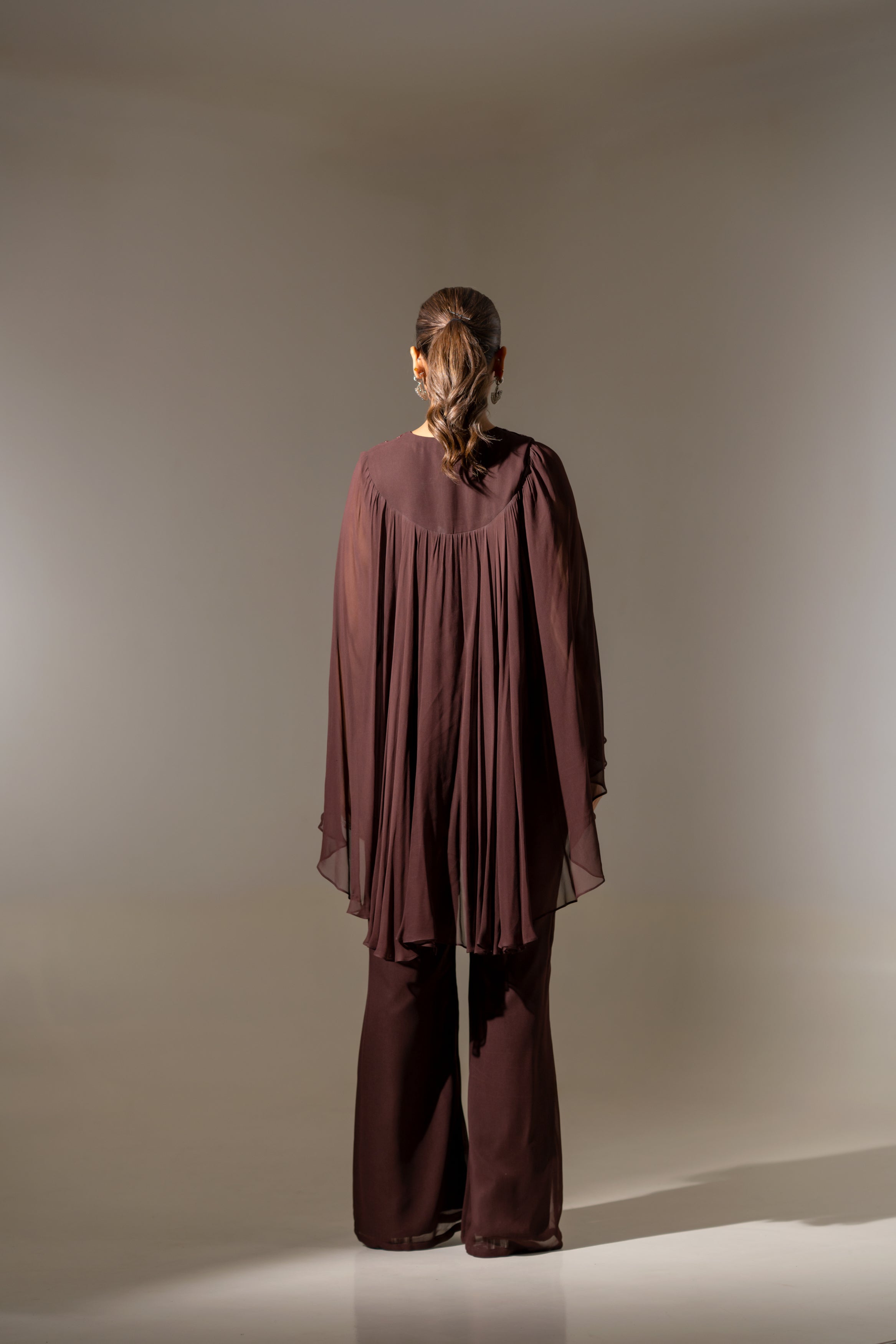 BROWN EMBELLISHED TOP WITH SHEER CAPE-STYLE SLEEVES AND FLARED PALAZZO
