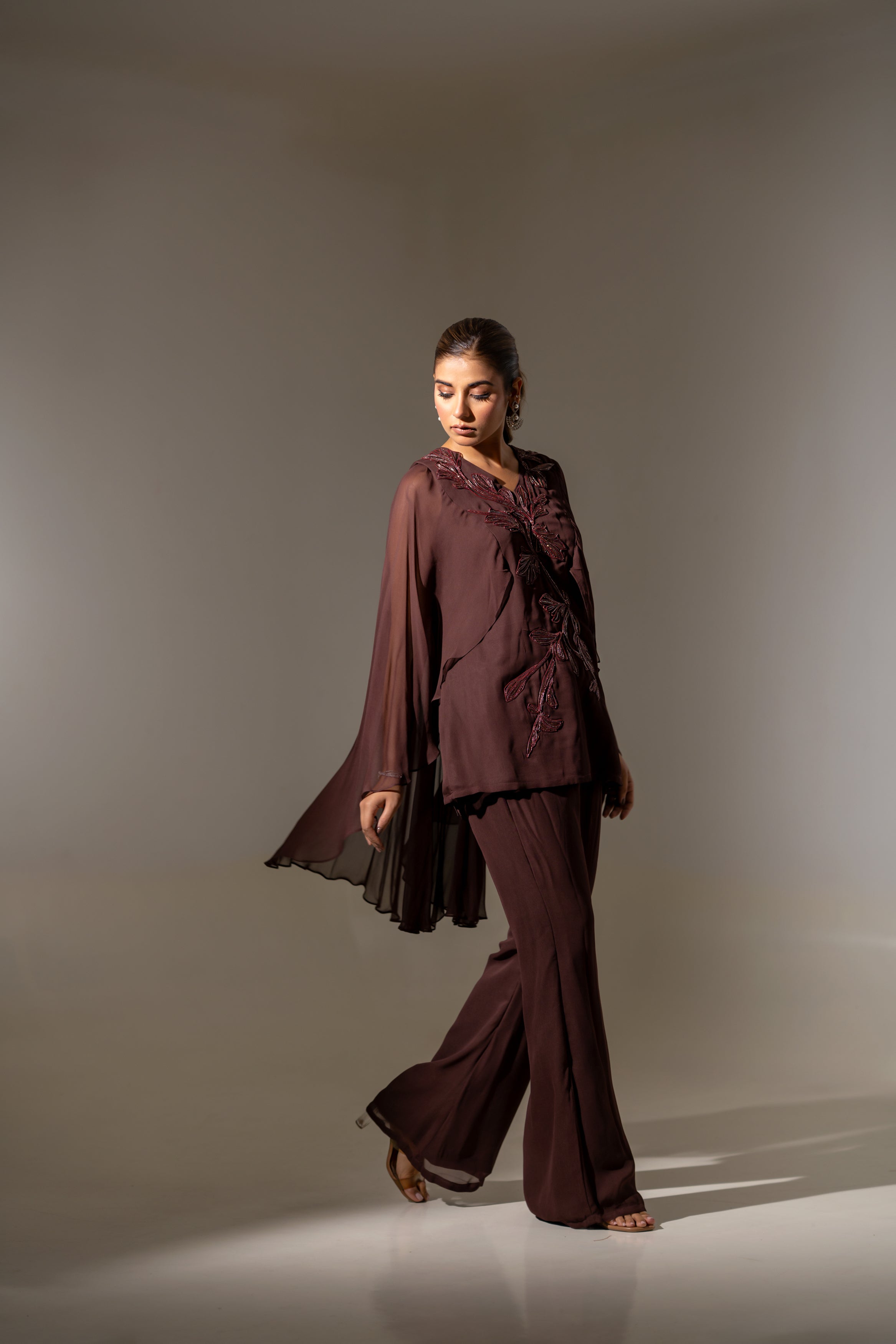 BROWN EMBELLISHED TOP WITH SHEER CAPE-STYLE SLEEVES AND FLARED PALAZZO