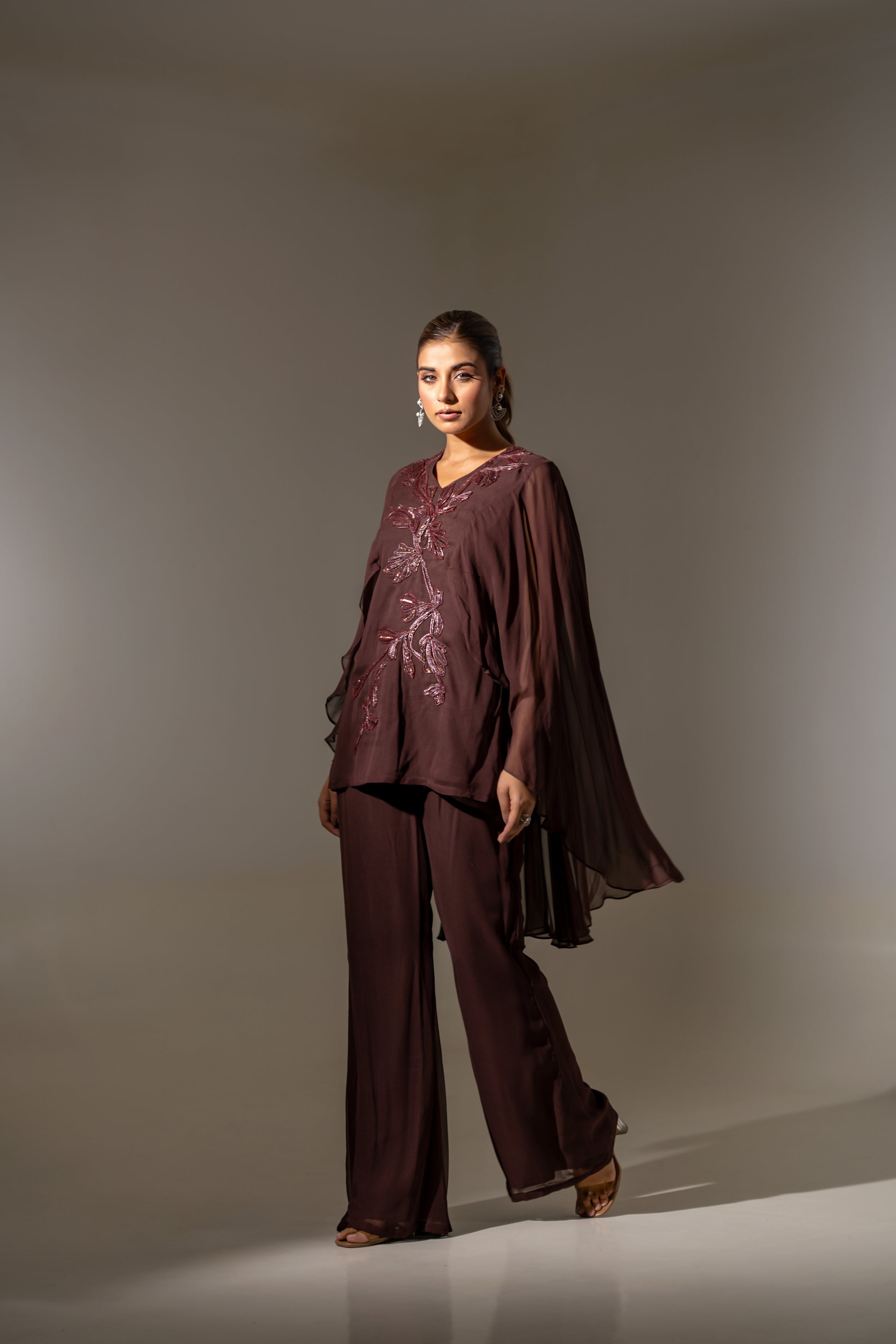 BROWN EMBELLISHED TOP WITH SHEER CAPE-STYLE SLEEVES AND FLARED PALAZZO