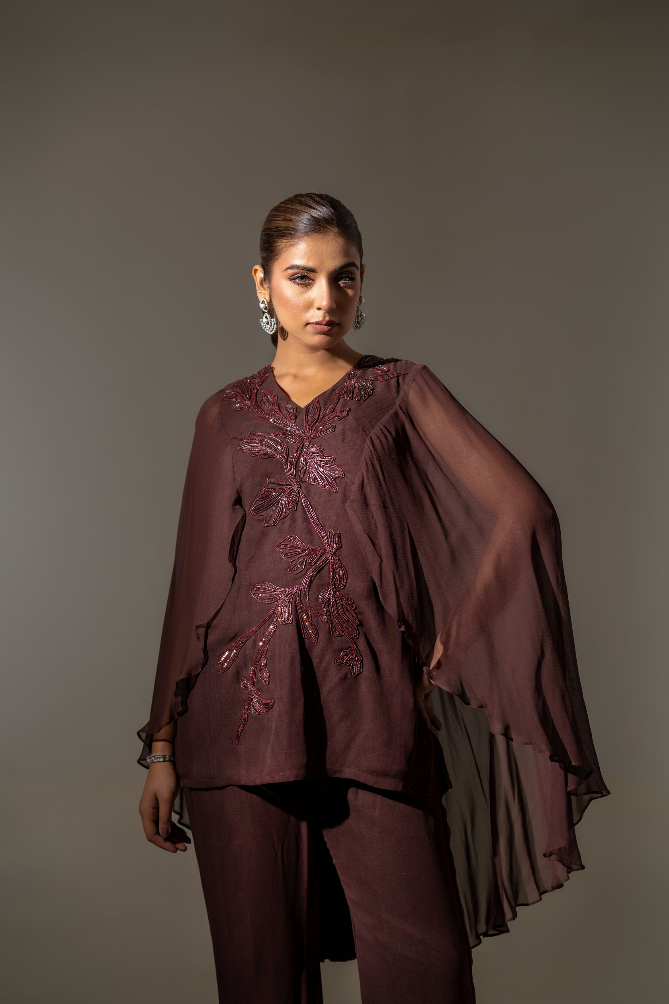 BROWN EMBELLISHED TOP WITH SHEER CAPE-STYLE SLEEVES AND FLARED PALAZZO