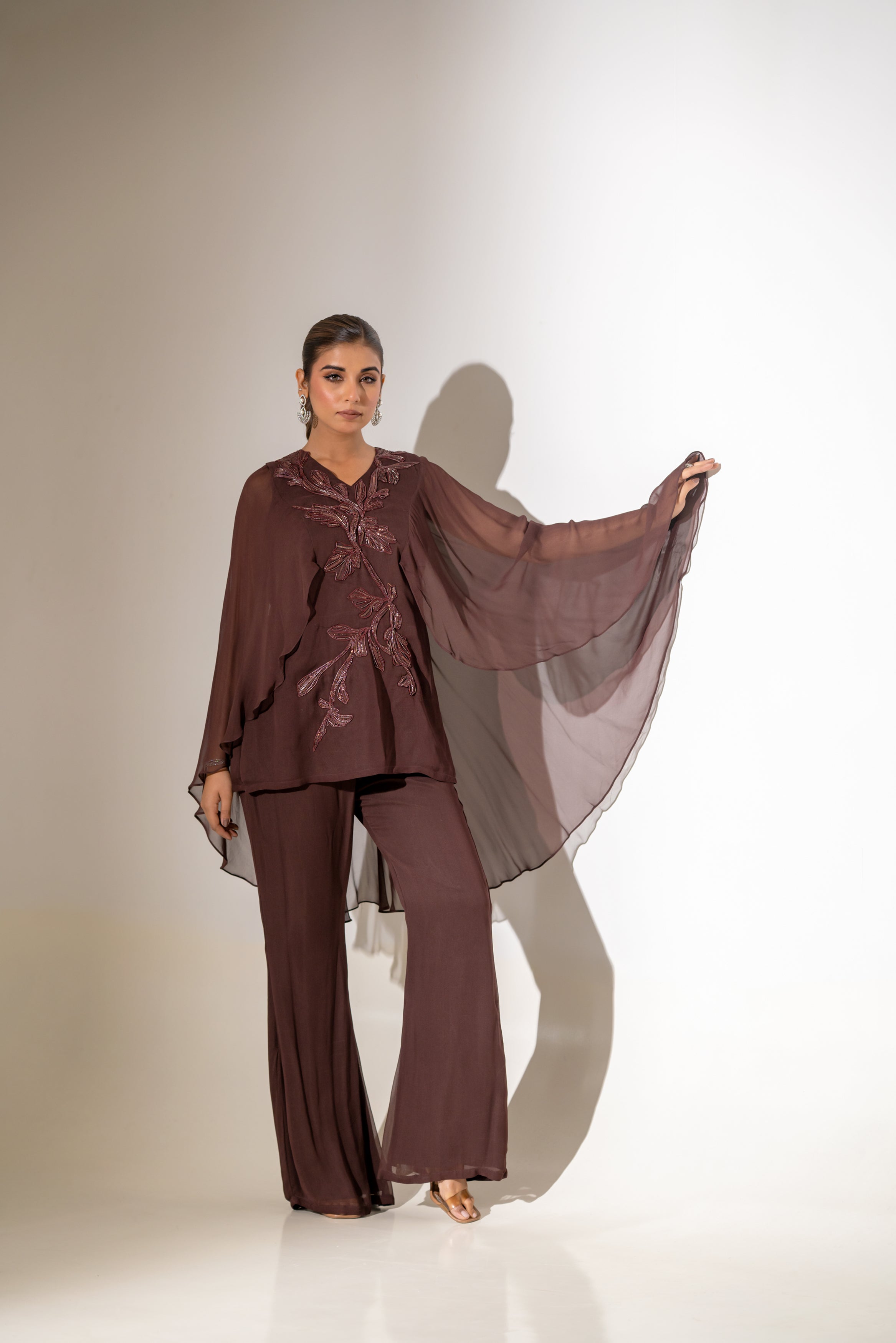 BROWN EMBELLISHED TOP WITH SHEER CAPE-STYLE SLEEVES AND FLARED PALAZZO