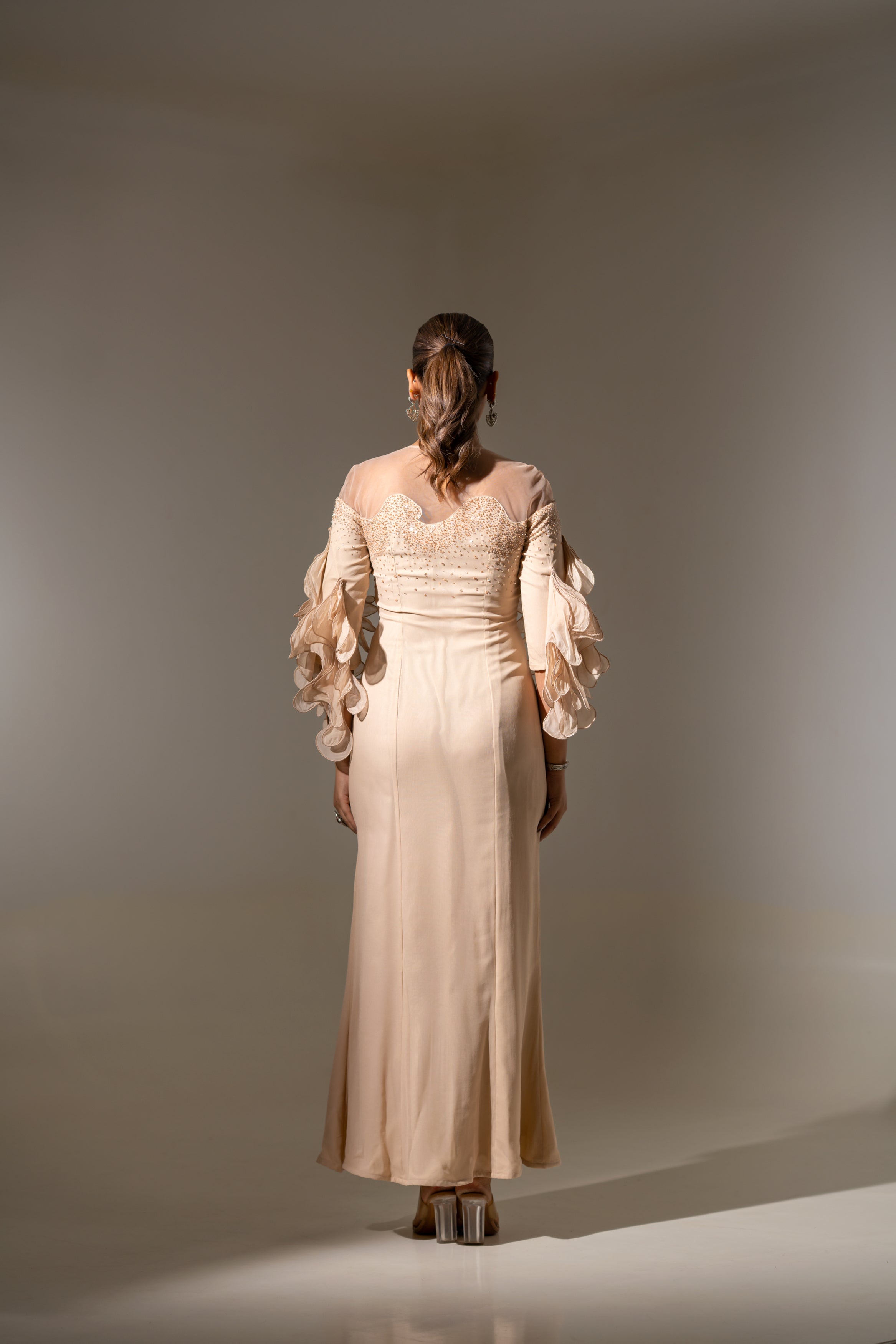 BLUSH PINK EMBELLISHED GOWN WITH  STATEMENT FLORAL SLEEVES