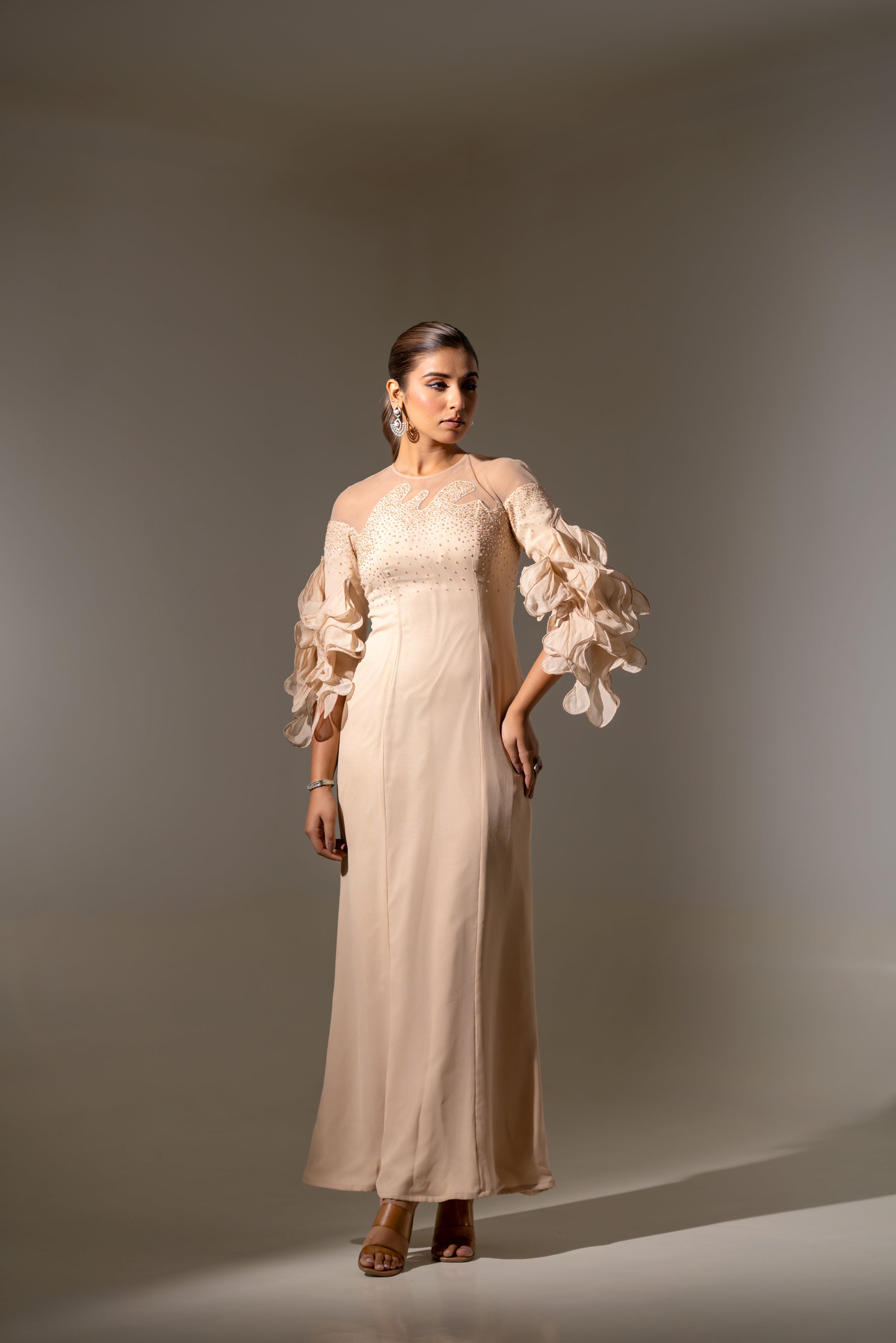 BLUSH PINK EMBELLISHED GOWN WITH  STATEMENT FLORAL SLEEVES