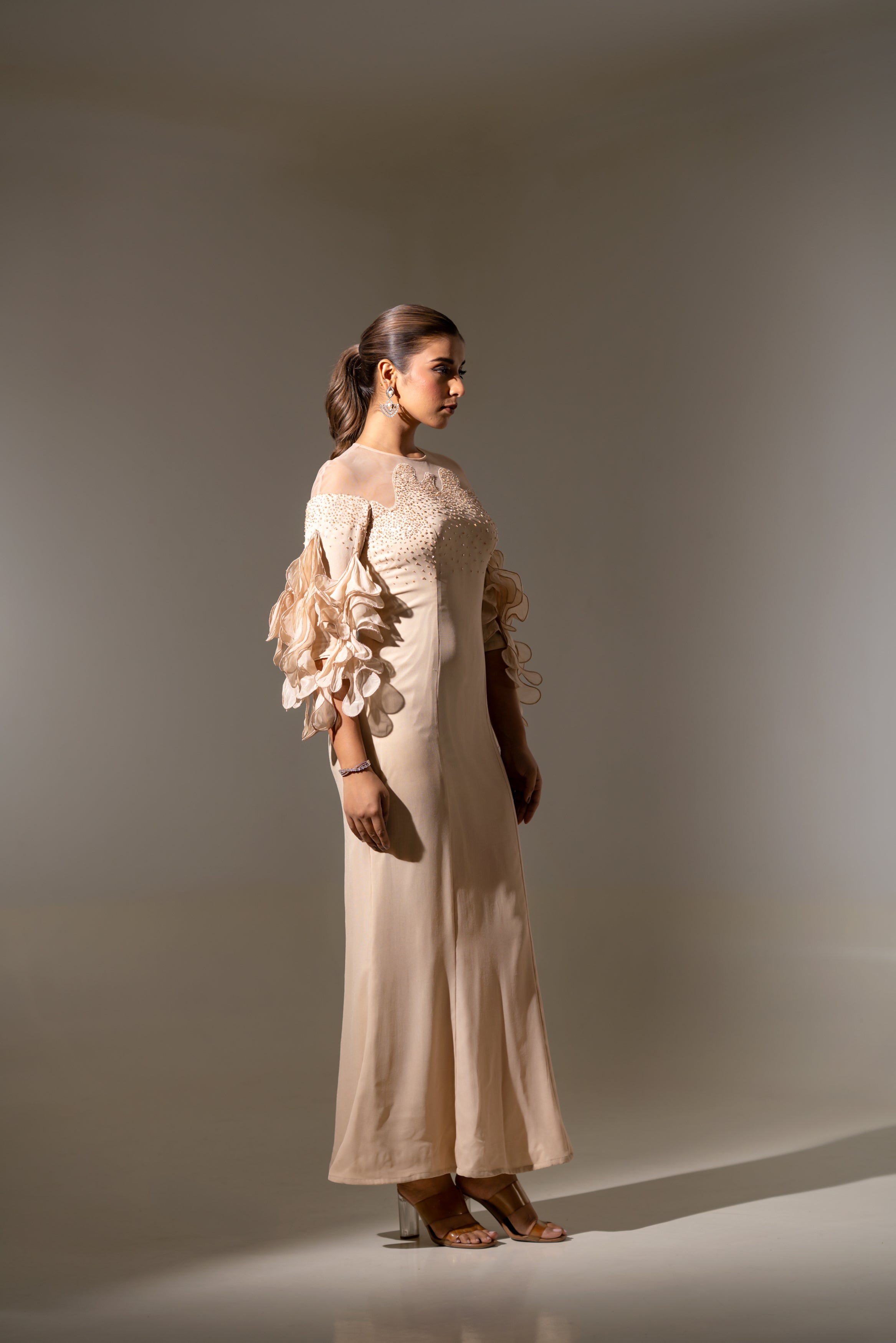 BLUSH PINK EMBELLISHED GOWN WITH  STATEMENT FLORAL SLEEVES