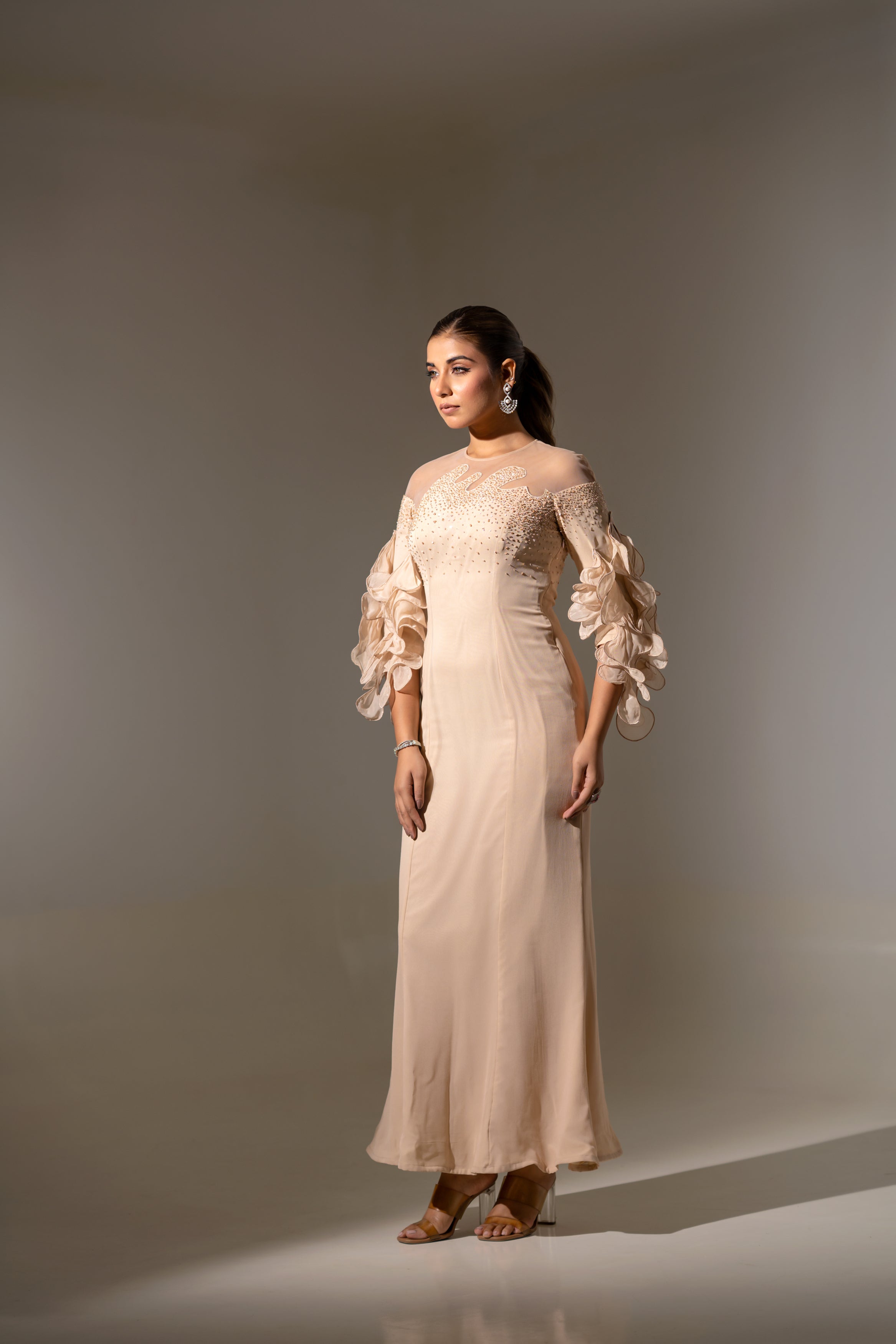 BLUSH PINK EMBELLISHED GOWN WITH  STATEMENT FLORAL SLEEVES