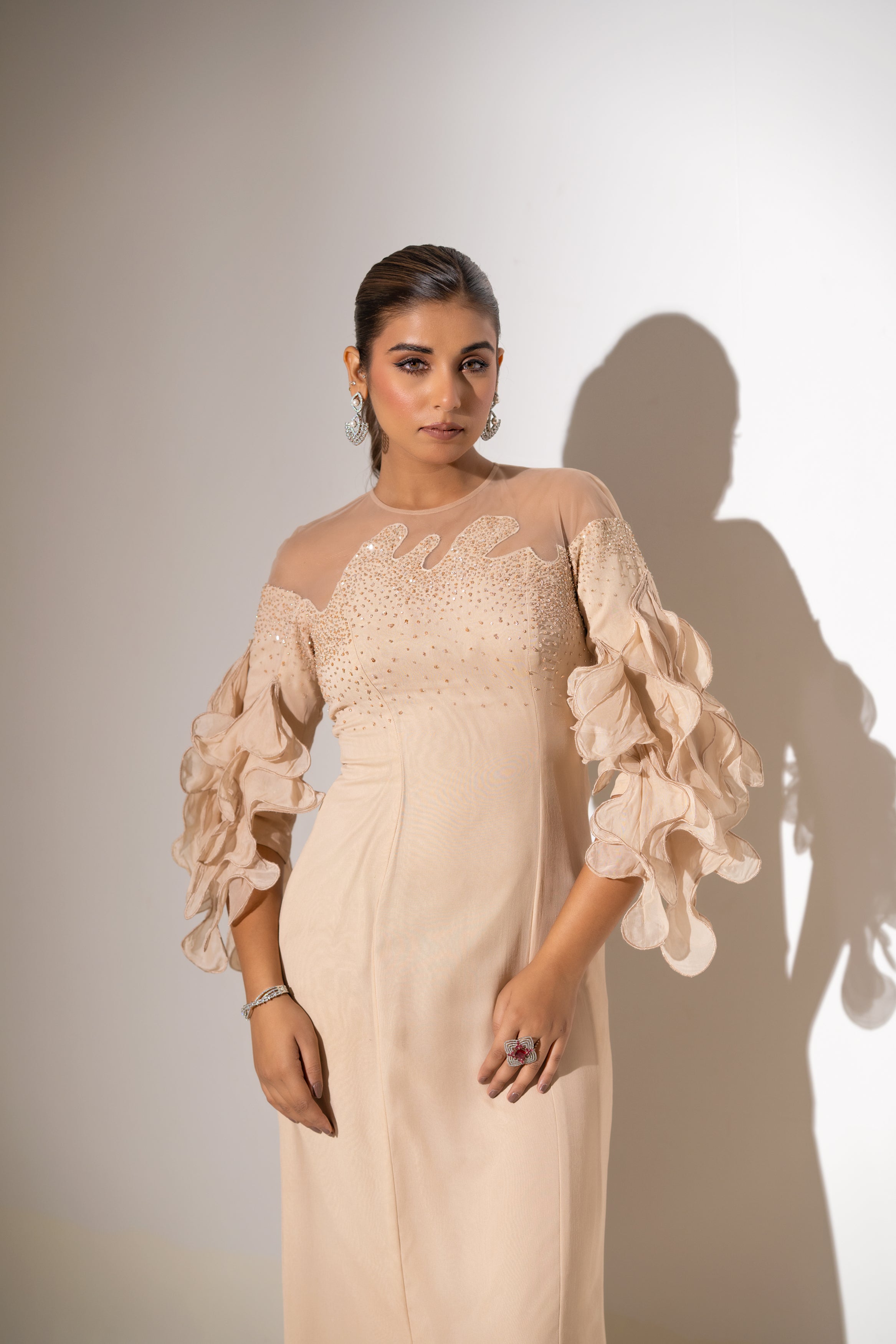 BLUSH PINK EMBELLISHED GOWN WITH  STATEMENT FLORAL SLEEVES