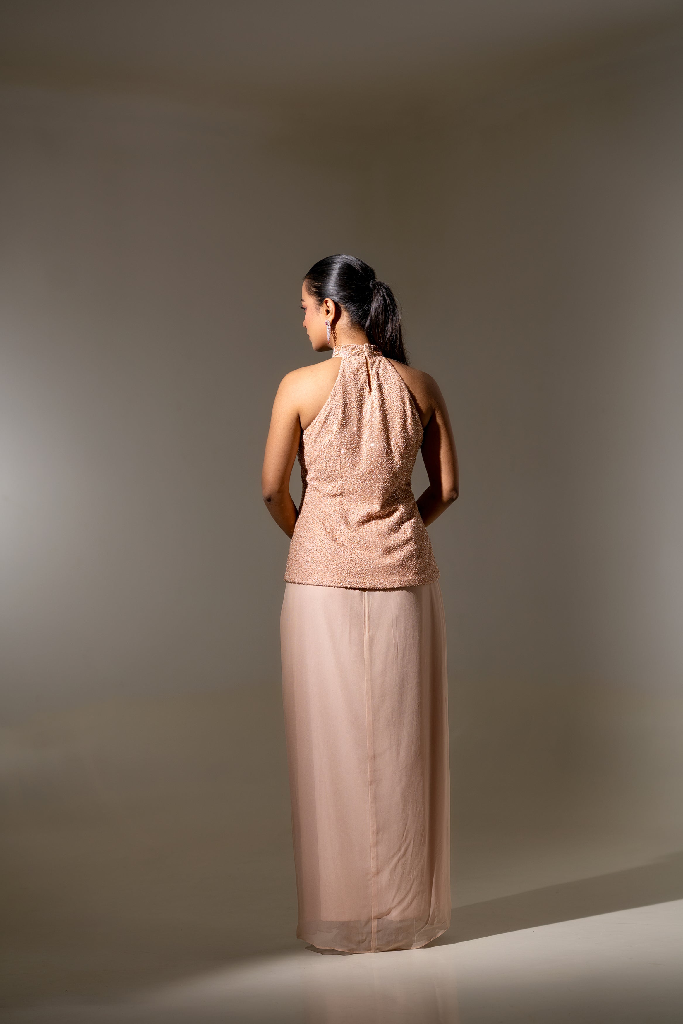 LIGHT PINK HIGH-NECK TOP WITH DRAPED SKIRT SET