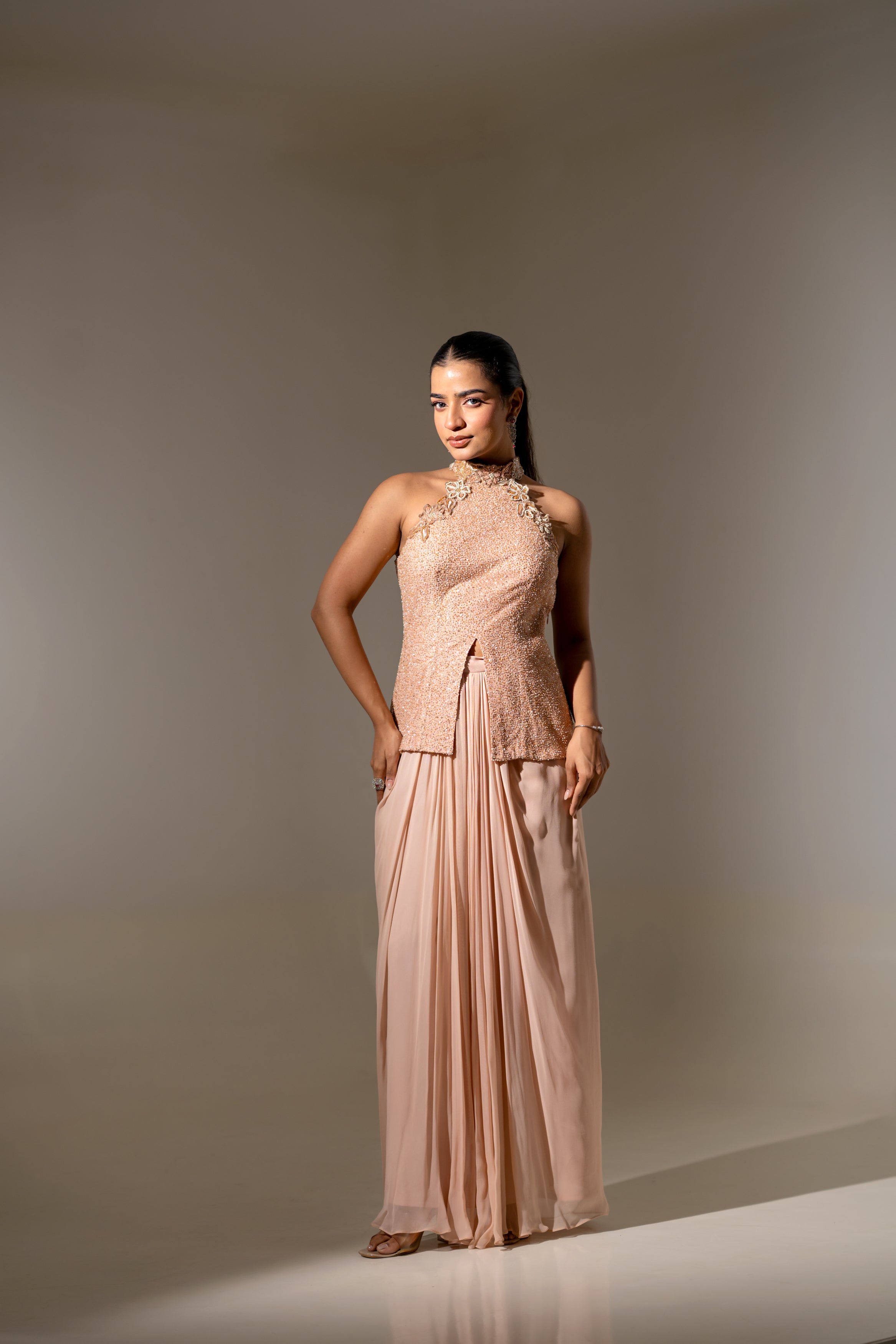 LIGHT PINK HIGH-NECK TOP WITH DRAPED SKIRT SET