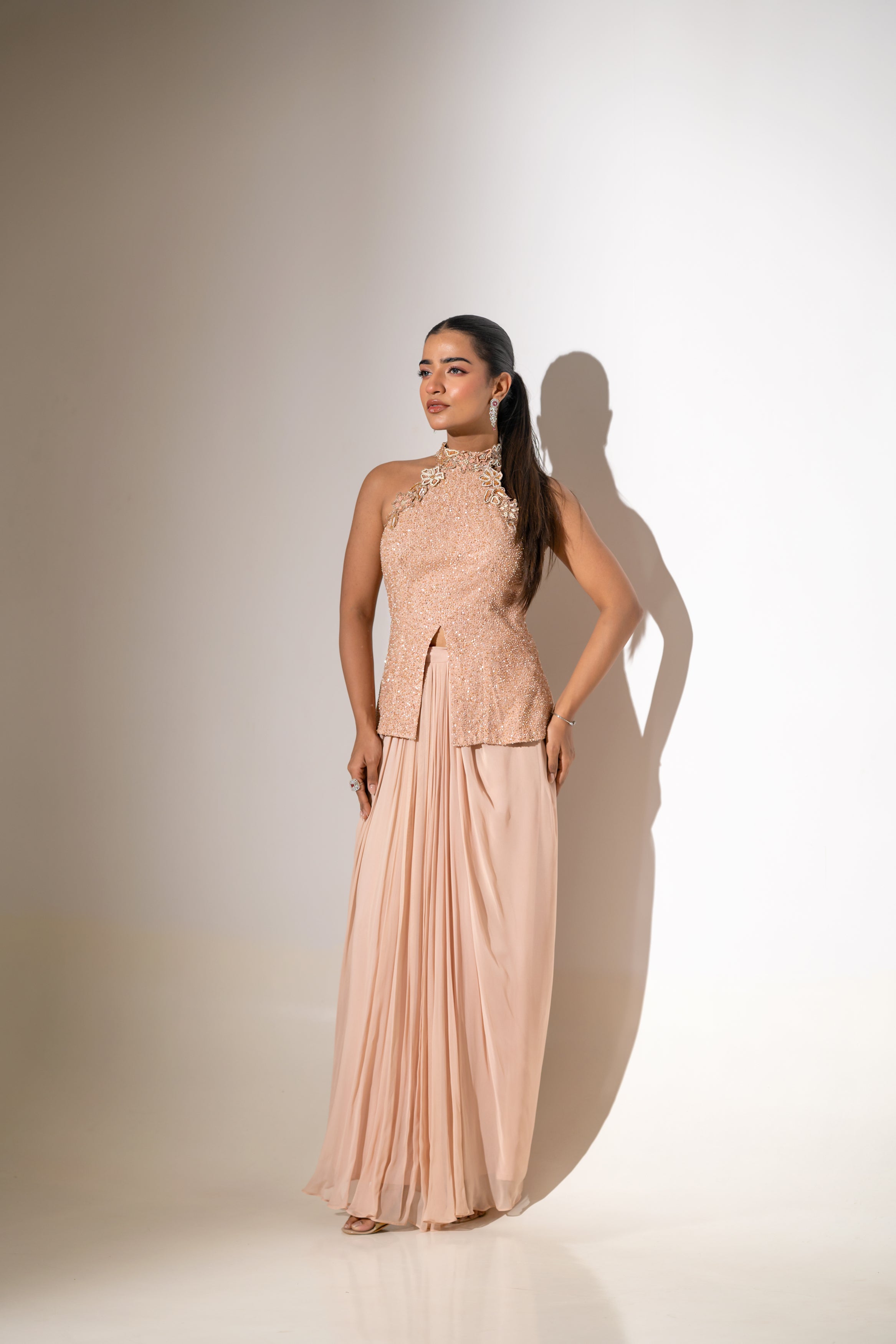LIGHT PINK HIGH-NECK TOP WITH DRAPED SKIRT SET
