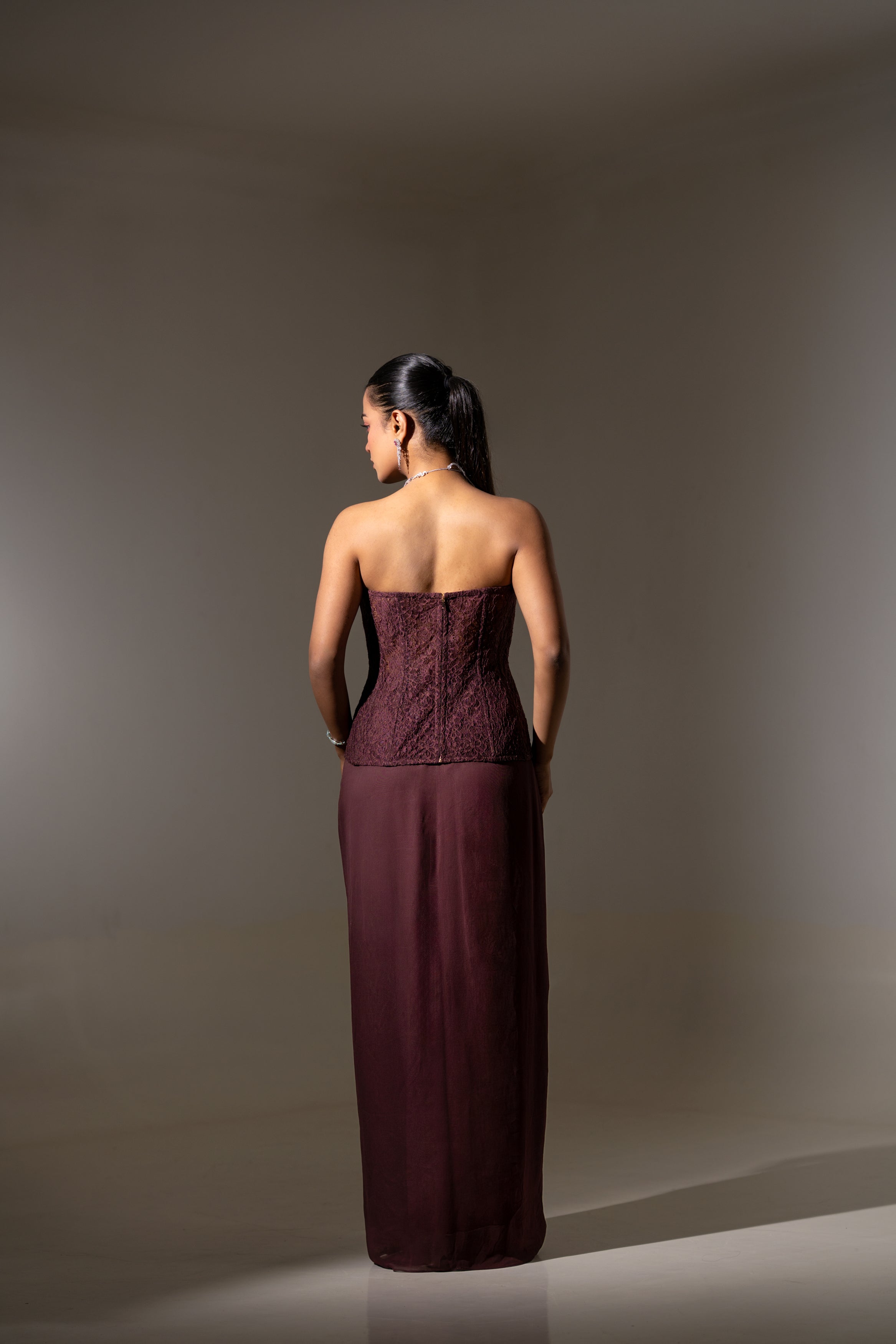 BROWN STRAPLESS CORSET TOP WITH DRAPED SKIRT SET