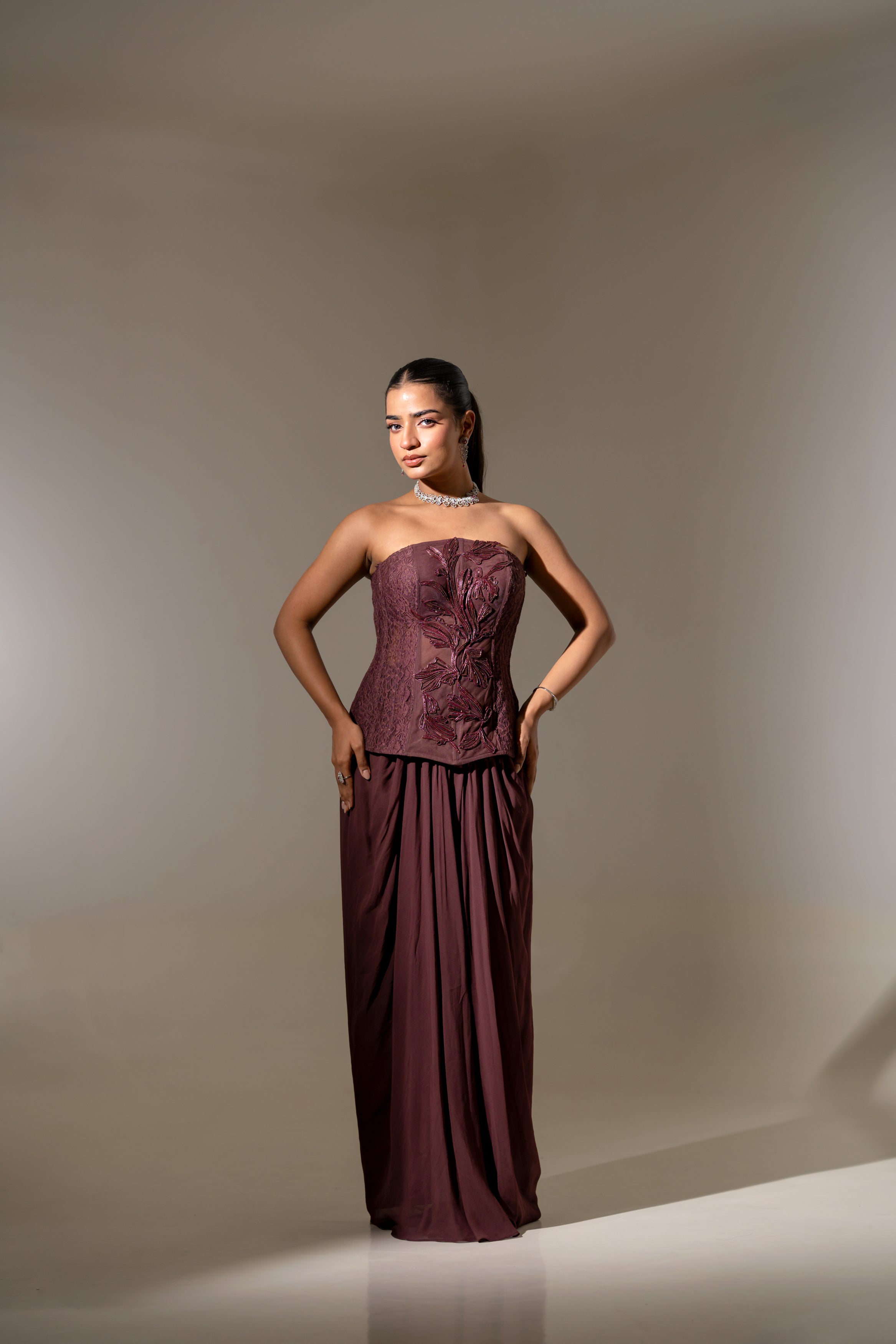 BROWN STRAPLESS CORSET TOP WITH DRAPED SKIRT SET