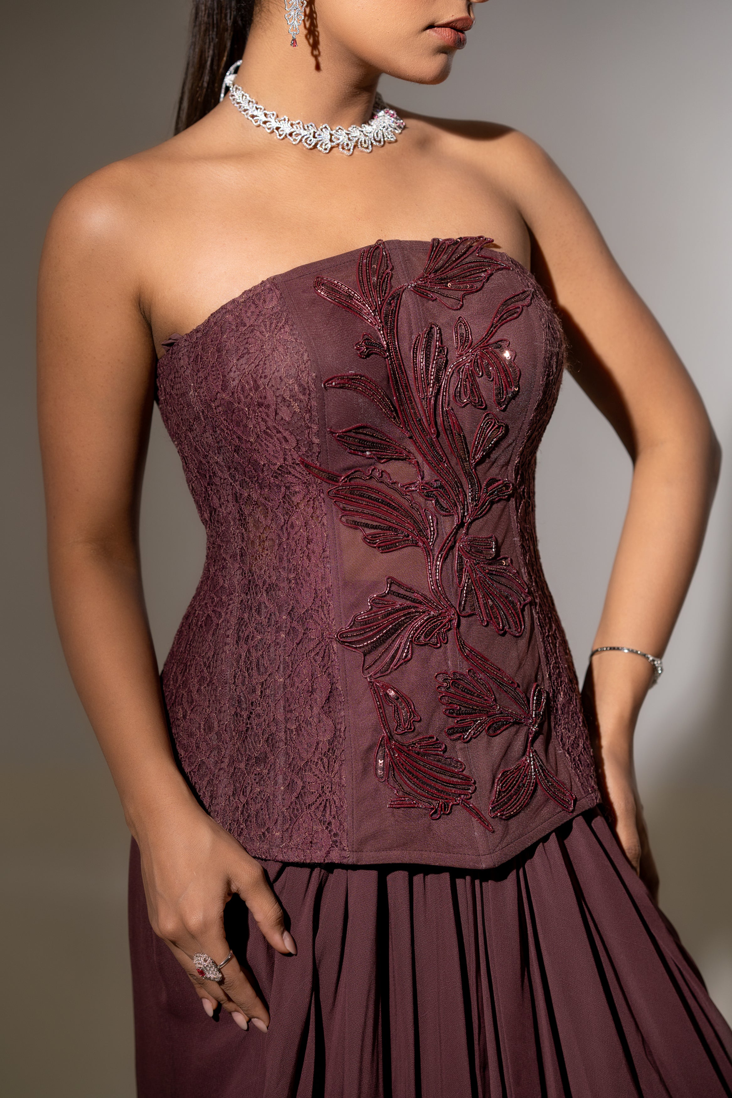 BROWN STRAPLESS CORSET TOP WITH DRAPED SKIRT SET