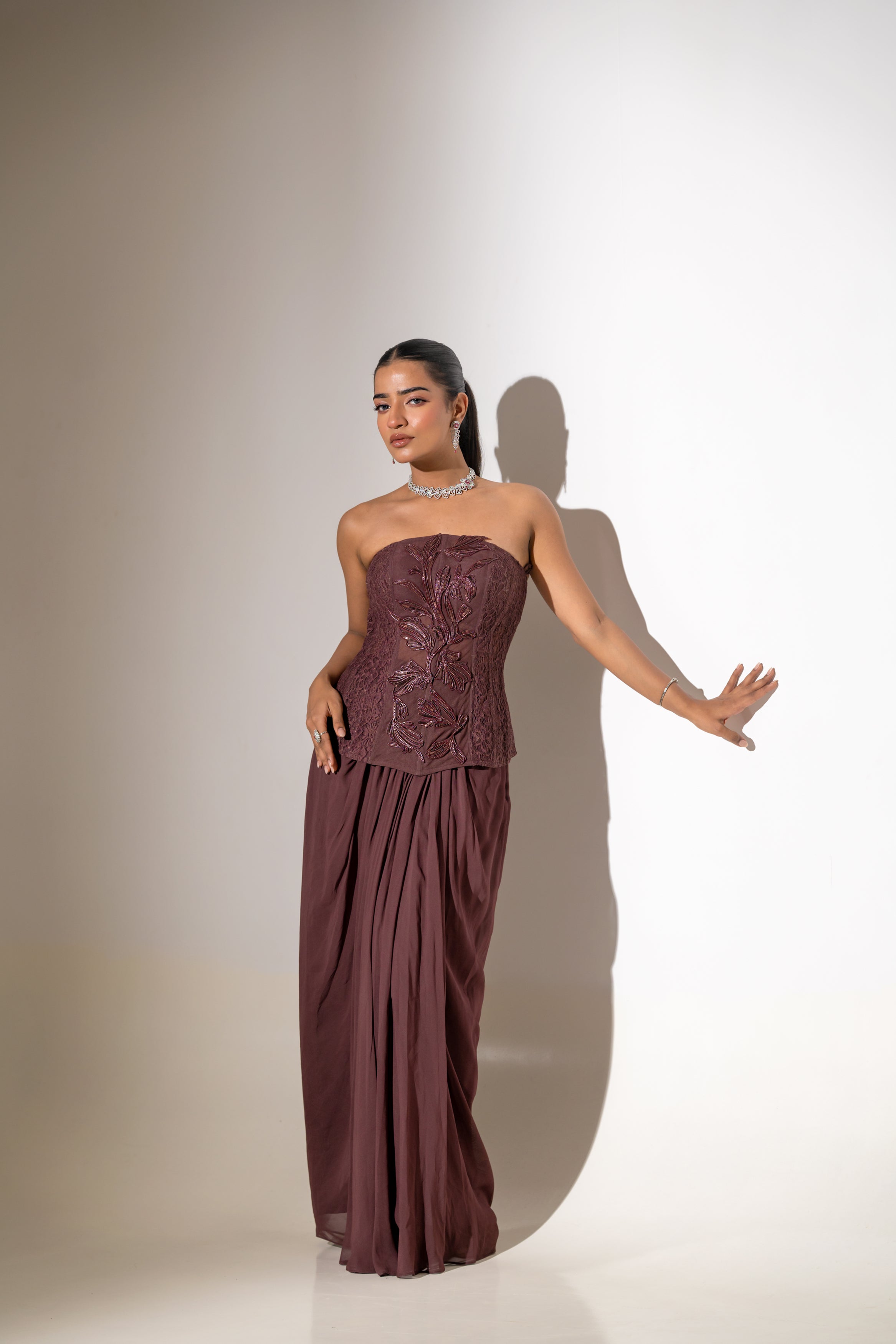 BROWN STRAPLESS CORSET TOP WITH DRAPED SKIRT SET