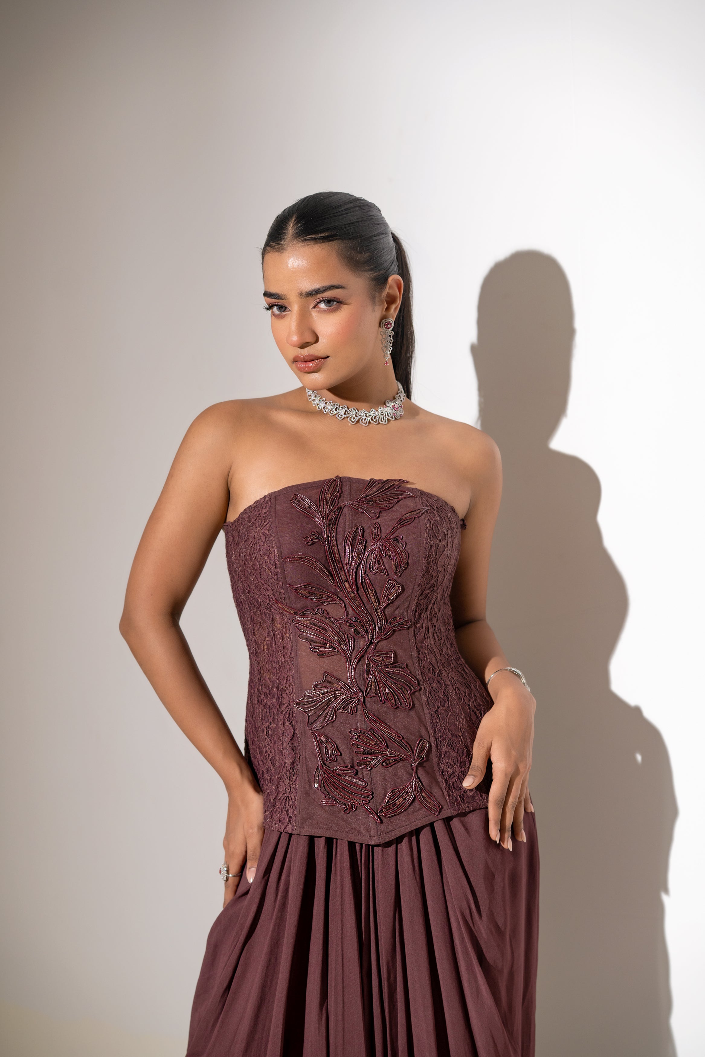 BROWN STRAPLESS CORSET TOP WITH DRAPED SKIRT SET