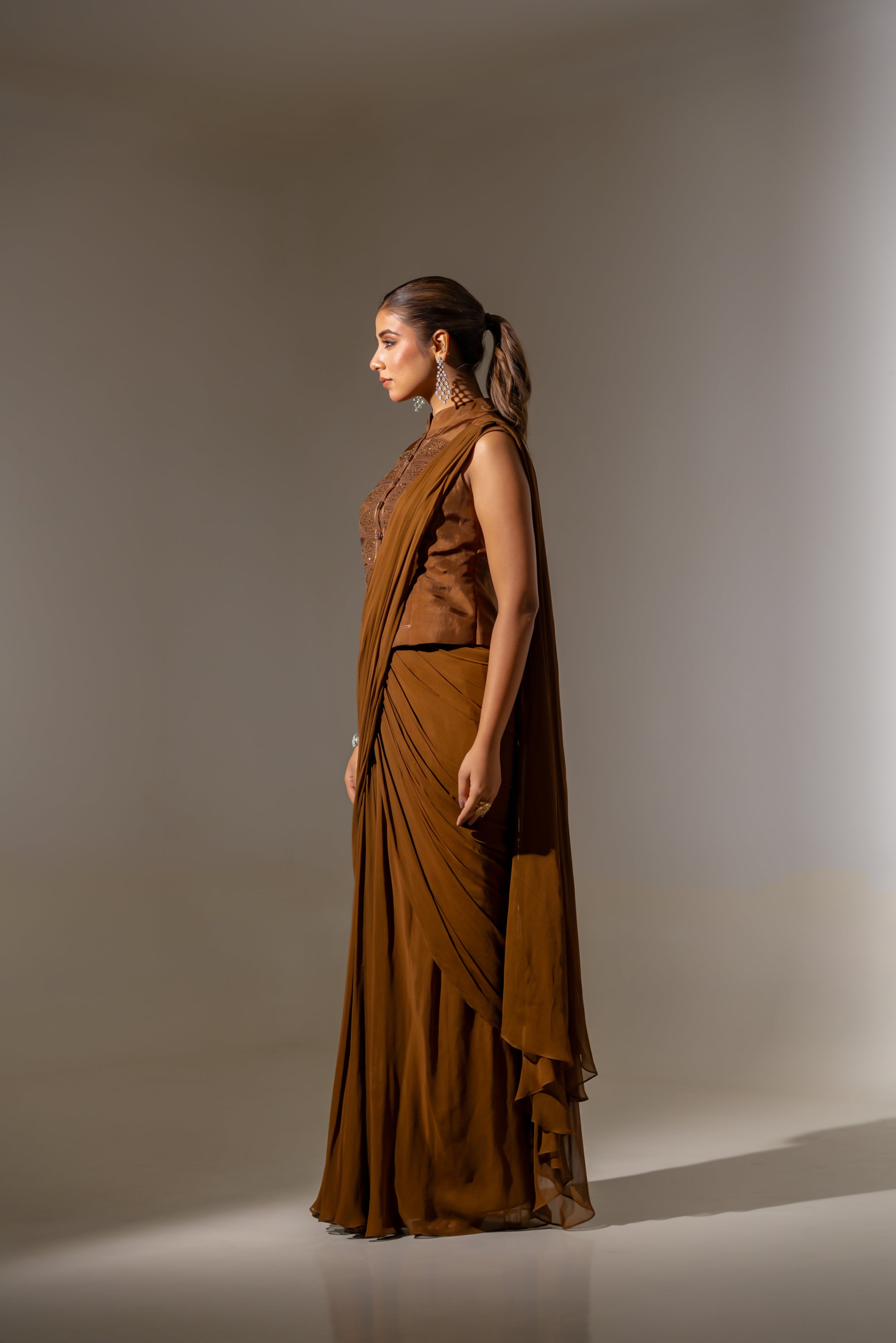 BROWN CO-ORD STYLE DRAPED SAREE
