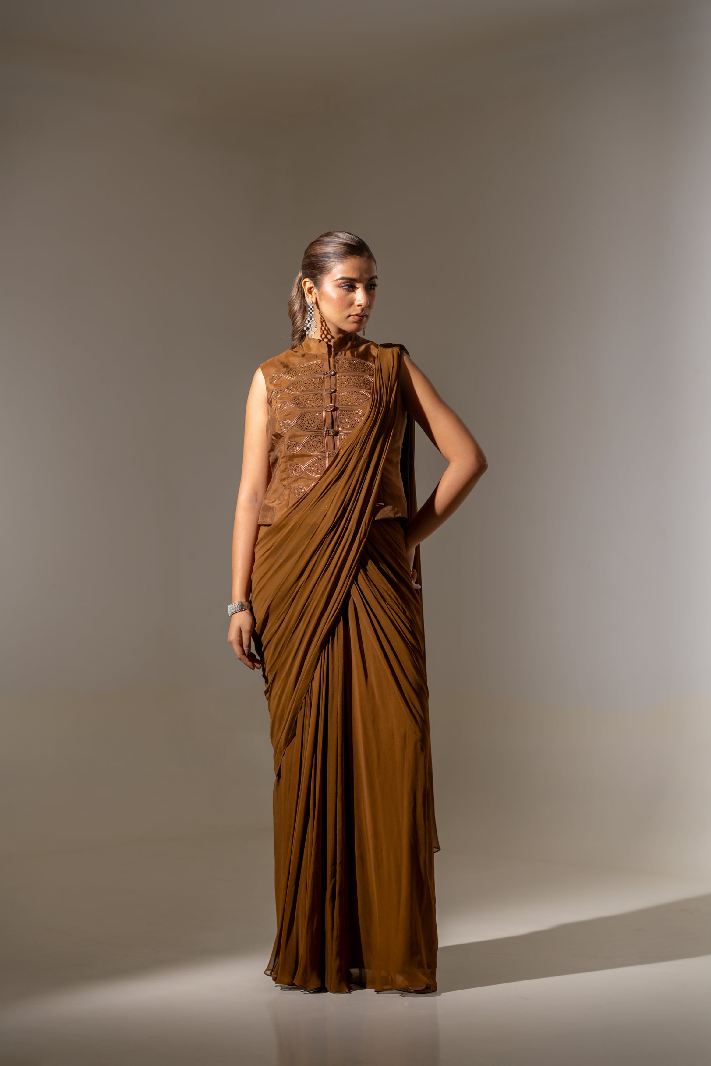 BROWN CO-ORD STYLE DRAPED SAREE