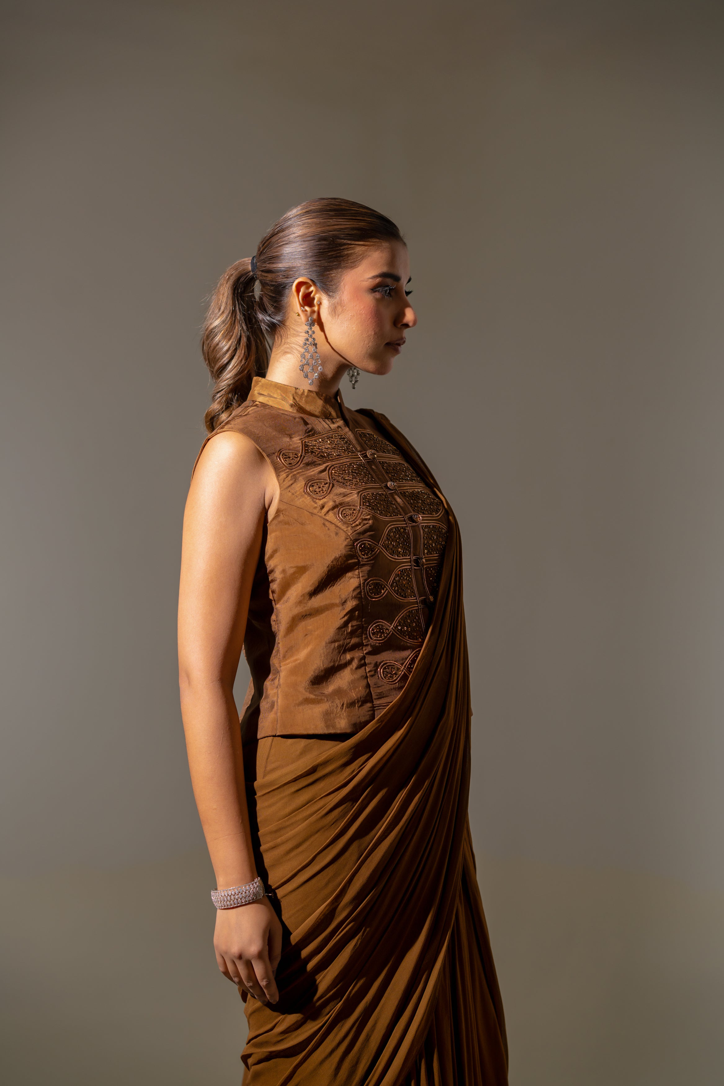 BROWN CO-ORD STYLE DRAPED SAREE