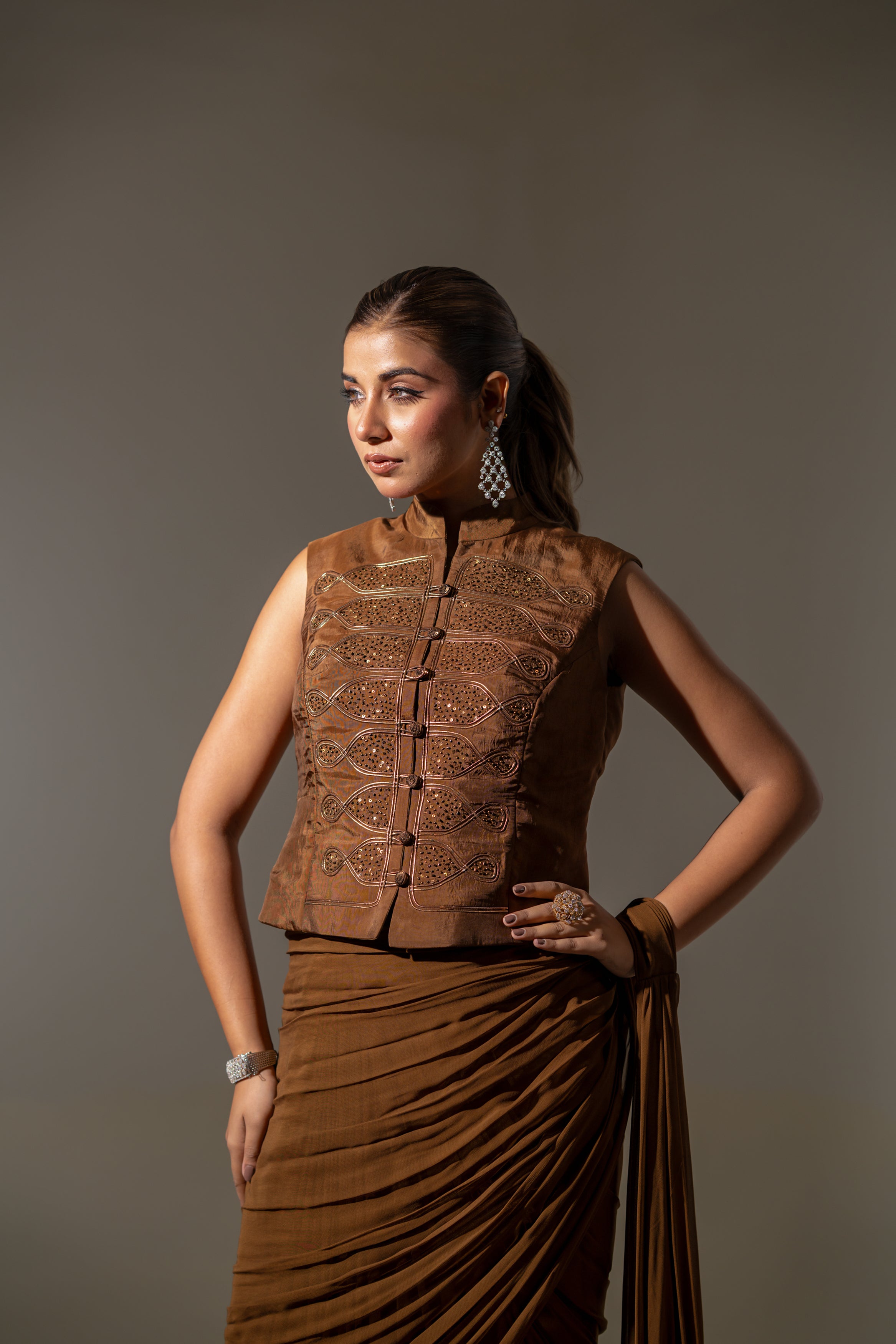 BROWN CO-ORD STYLE DRAPED SAREE