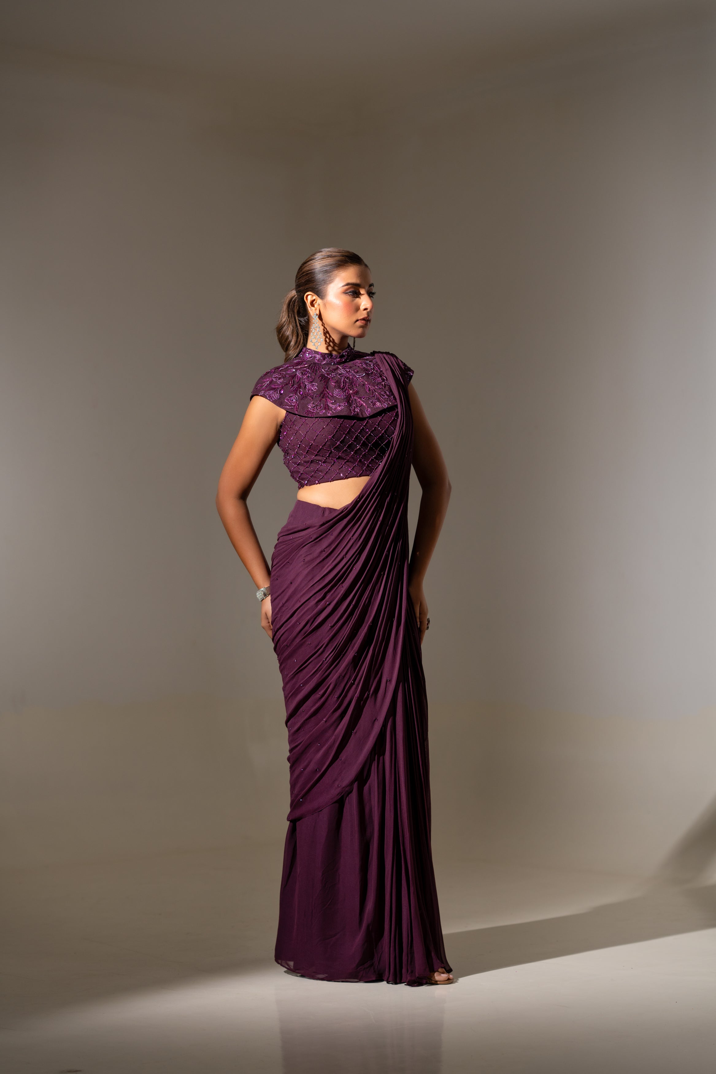 FLORAL EMBELLISHED HIGH-NECK DRAPED SAREE