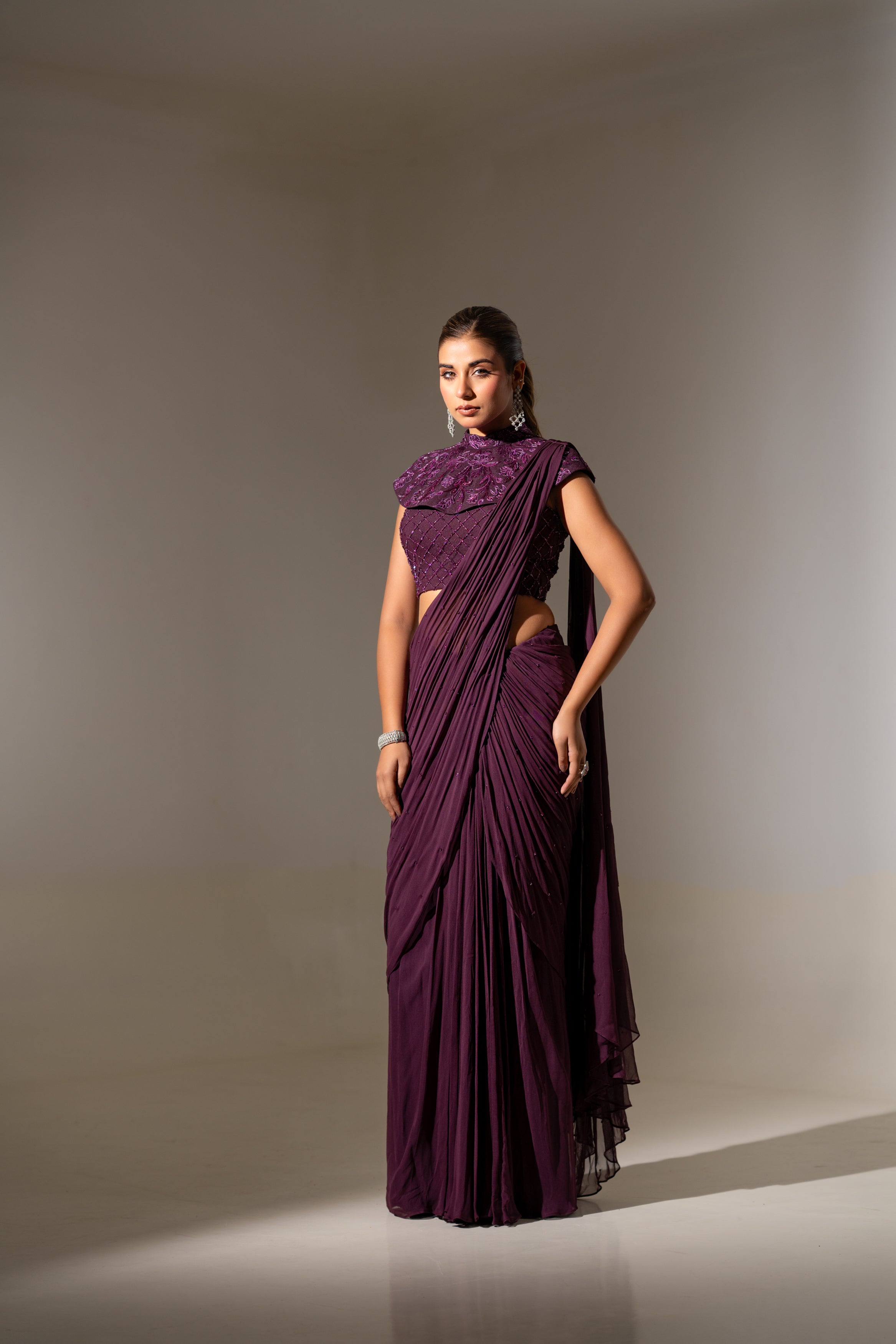 FLORAL EMBELLISHED HIGH-NECK DRAPED SAREE