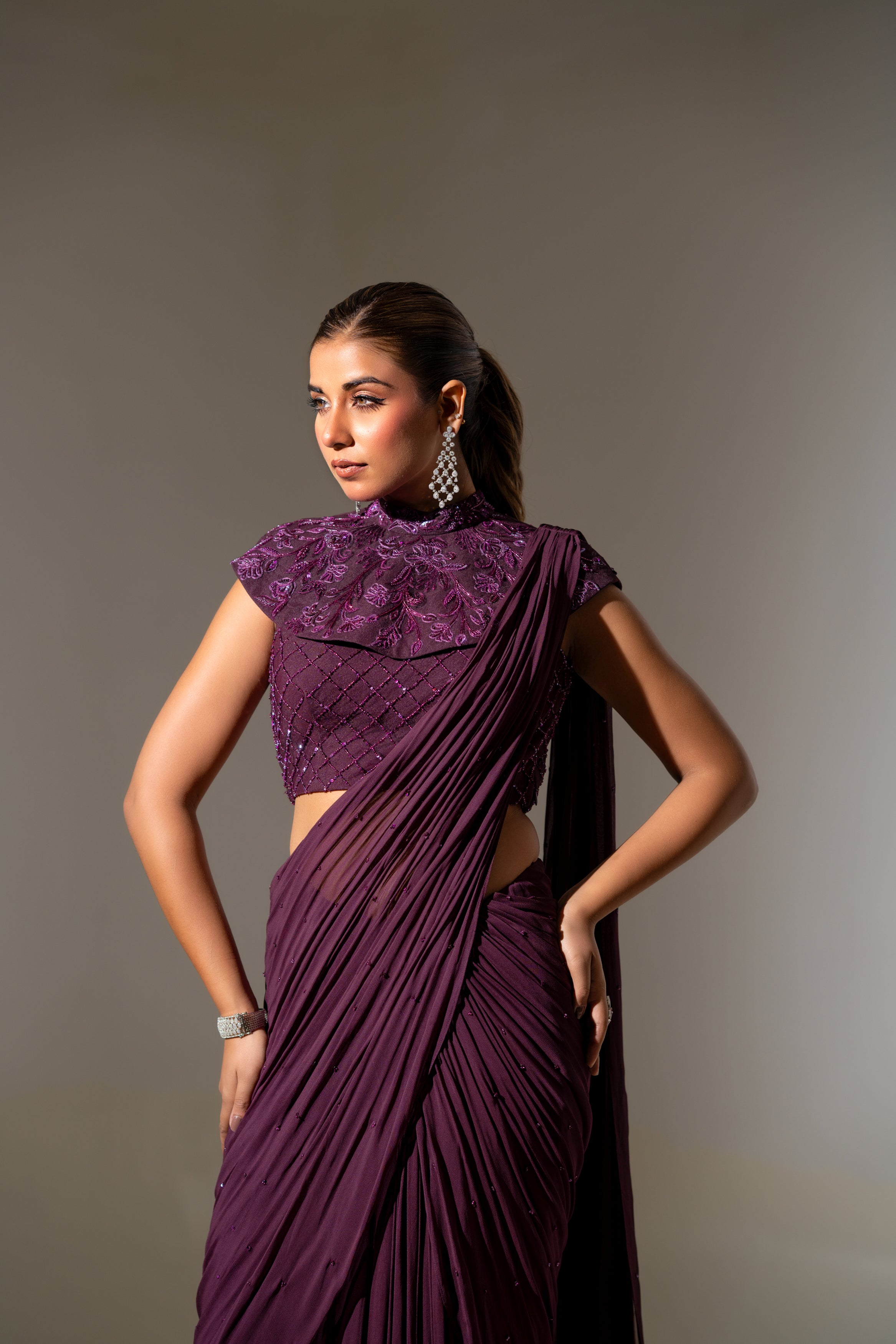 FLORAL EMBELLISHED HIGH-NECK DRAPED SAREE
