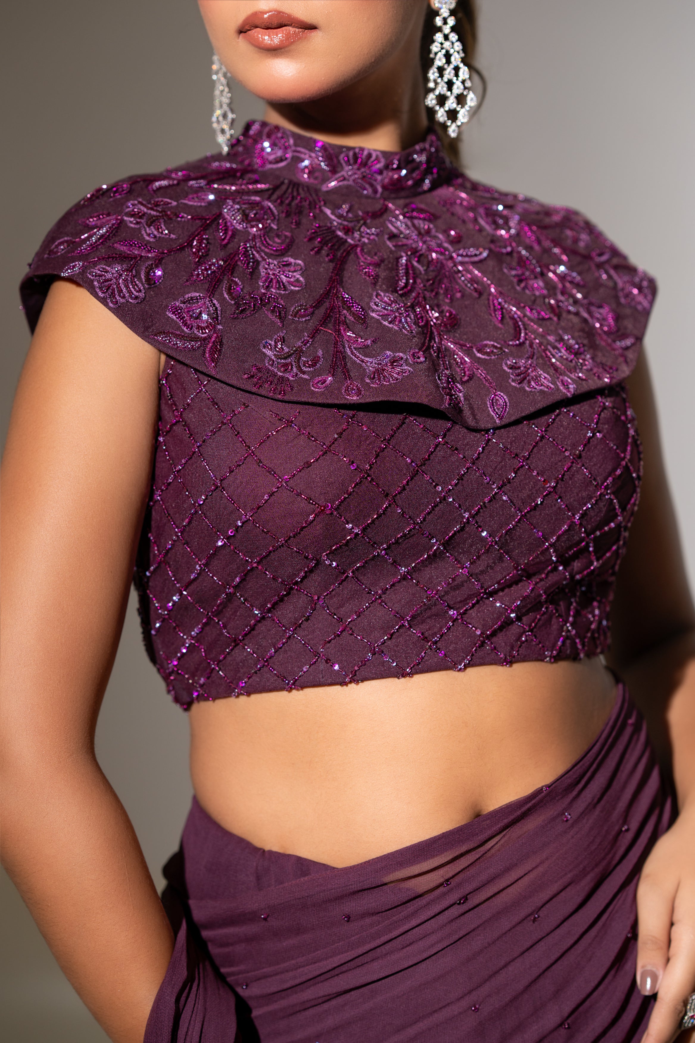 FLORAL EMBELLISHED HIGH-NECK DRAPED SAREE