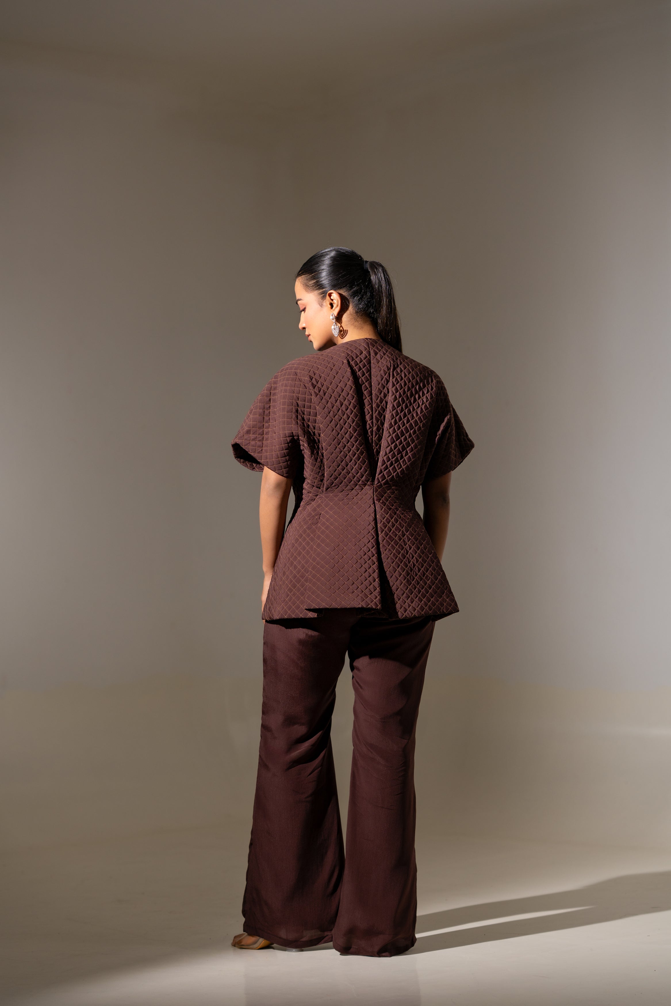 BROWN QUILTED EMBROIDERED JACKET WITH INNER & PANTS SET.