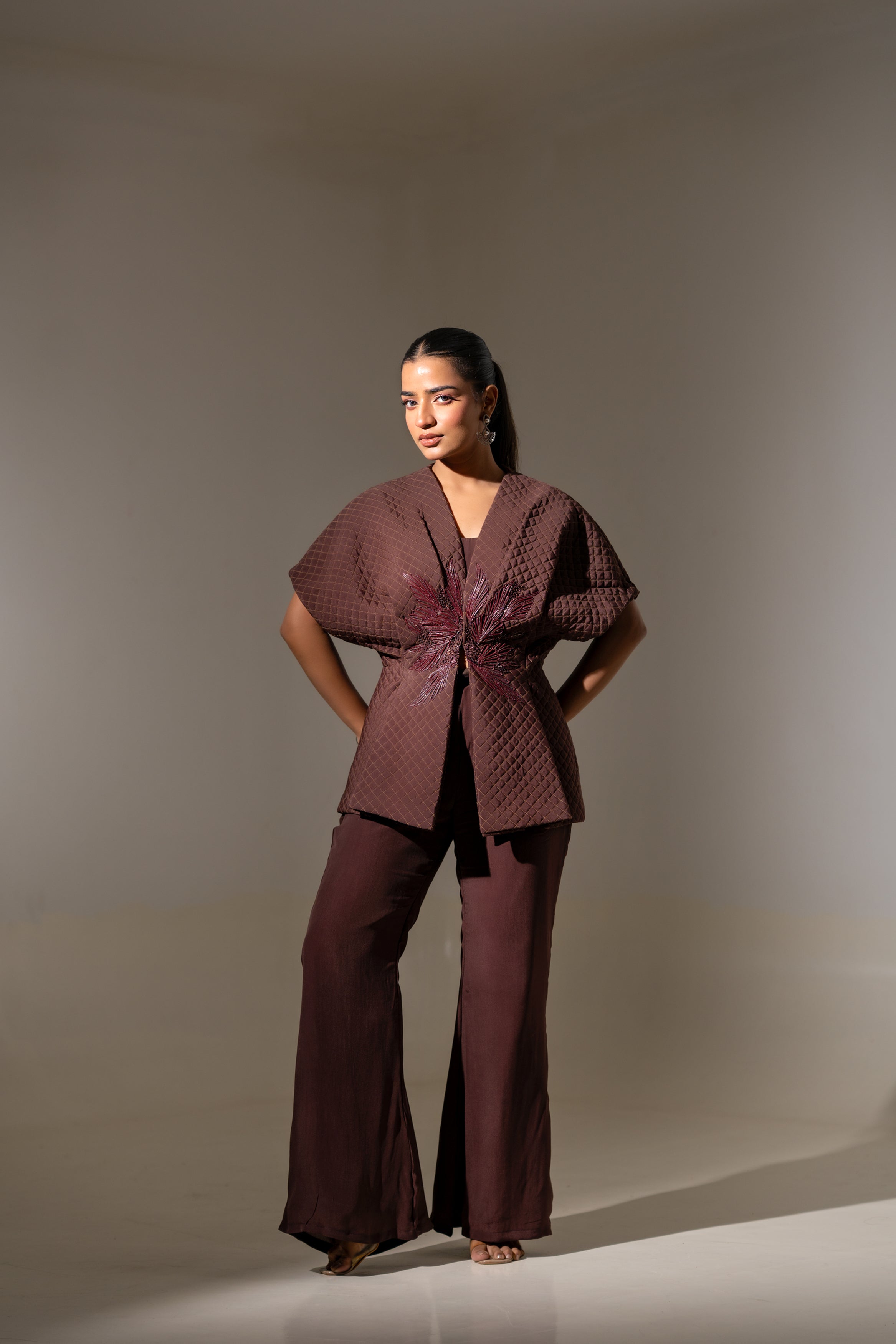 BROWN QUILTED EMBROIDERED JACKET WITH INNER & PANTS SET.