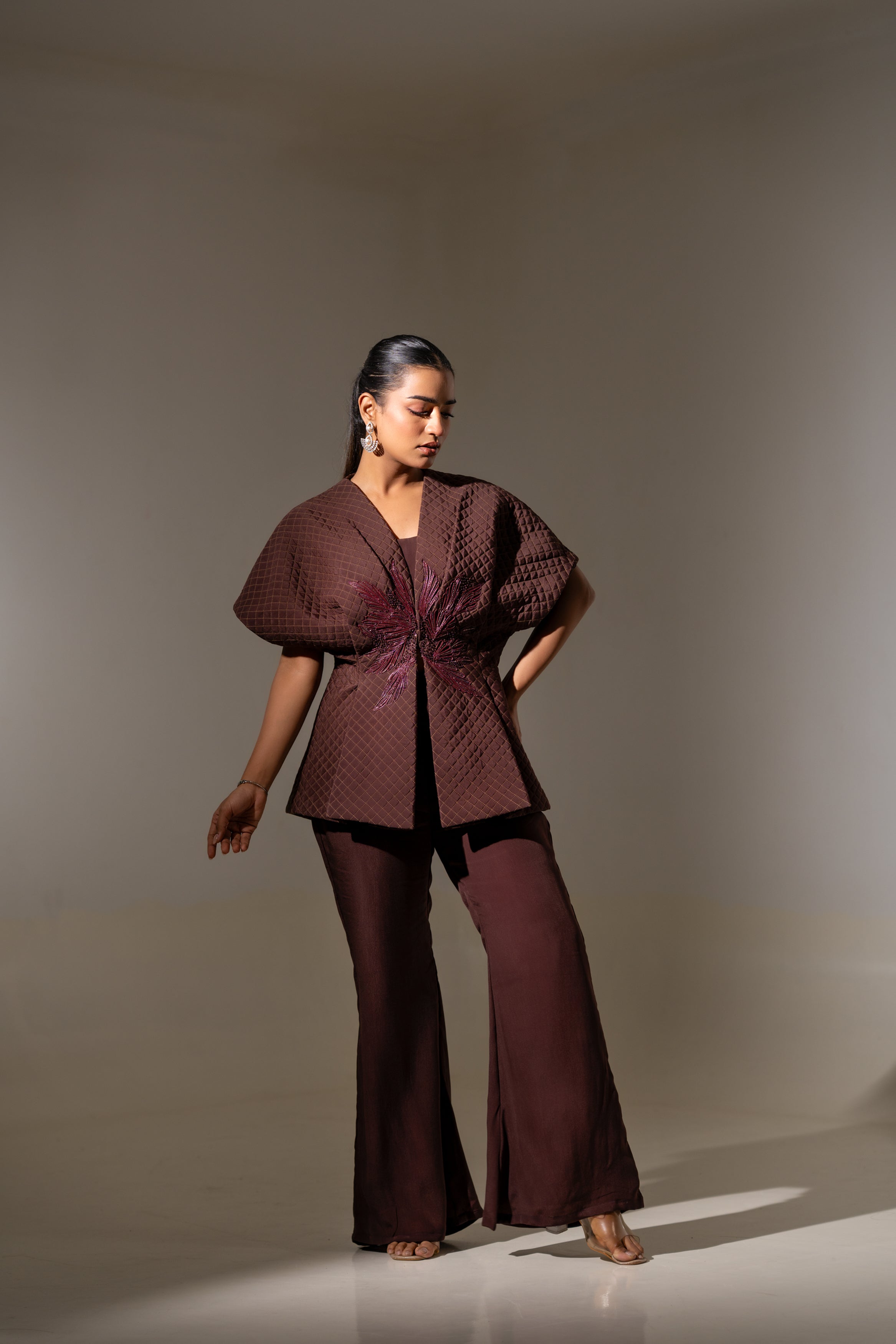 BROWN QUILTED EMBROIDERED JACKET WITH INNER & PANTS SET.