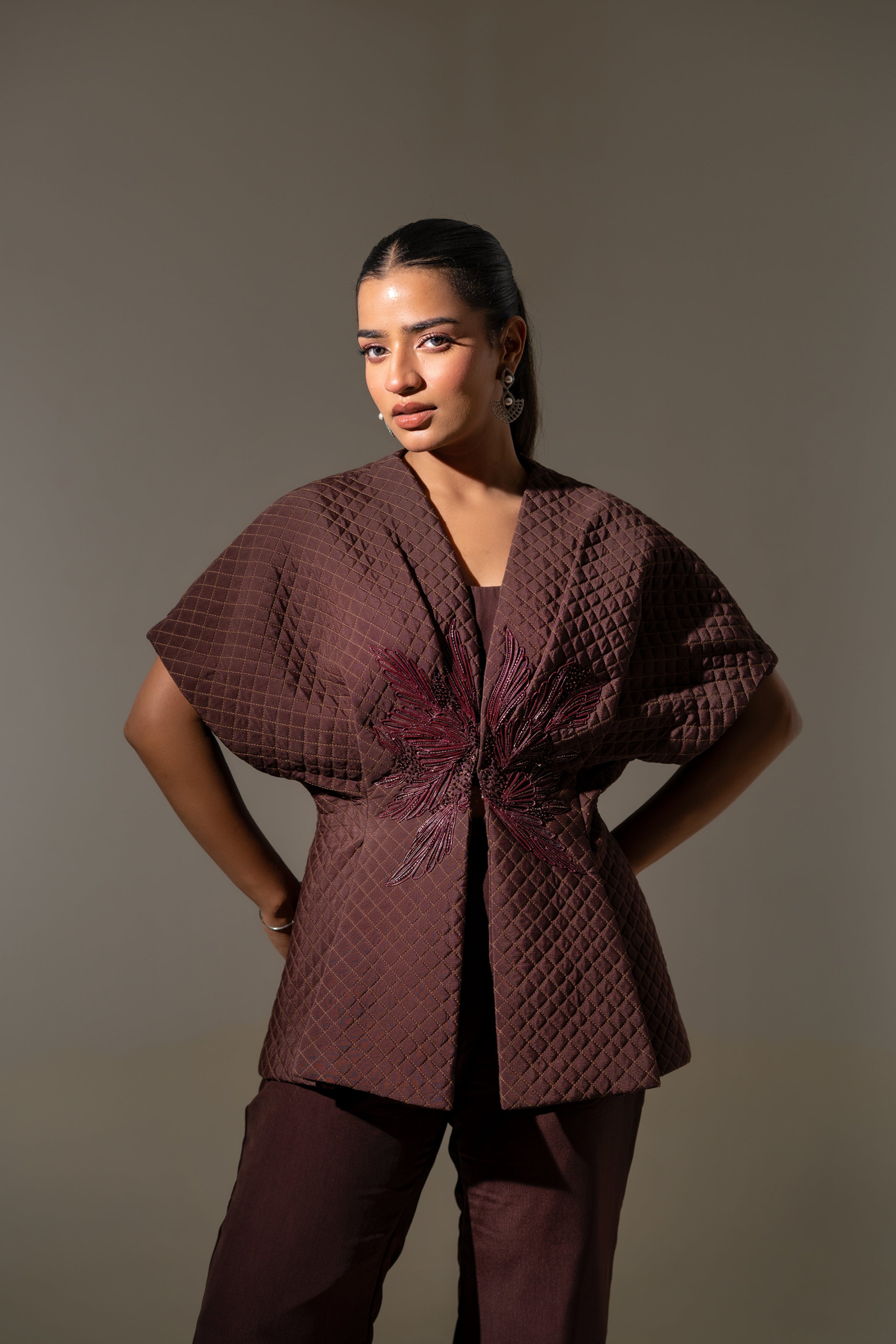 BROWN QUILTED EMBROIDERED JACKET WITH INNER & PANTS SET.