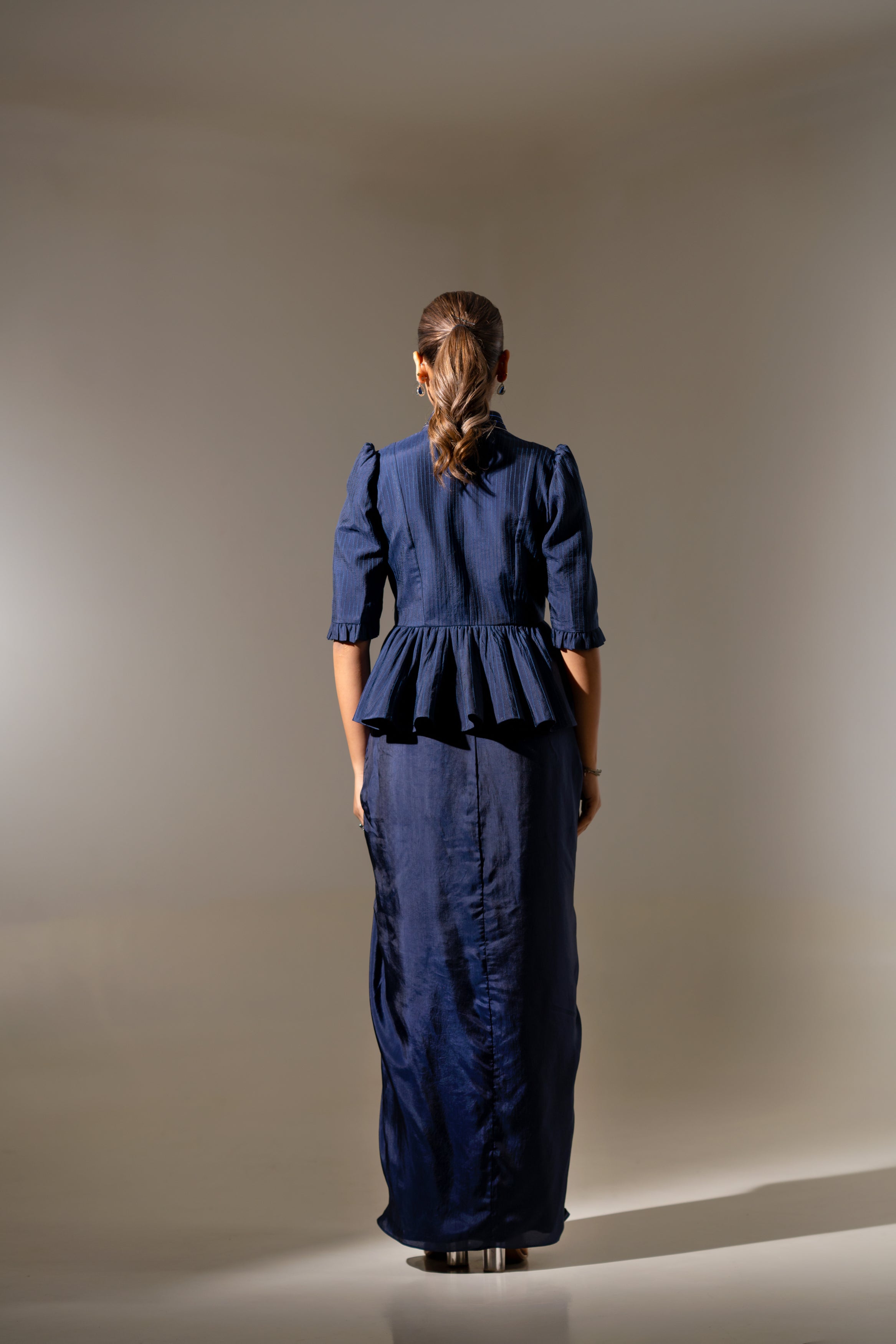 BLUE EMBELLISHED PEPLUM TOP WITH DRAPED SKIRT SET