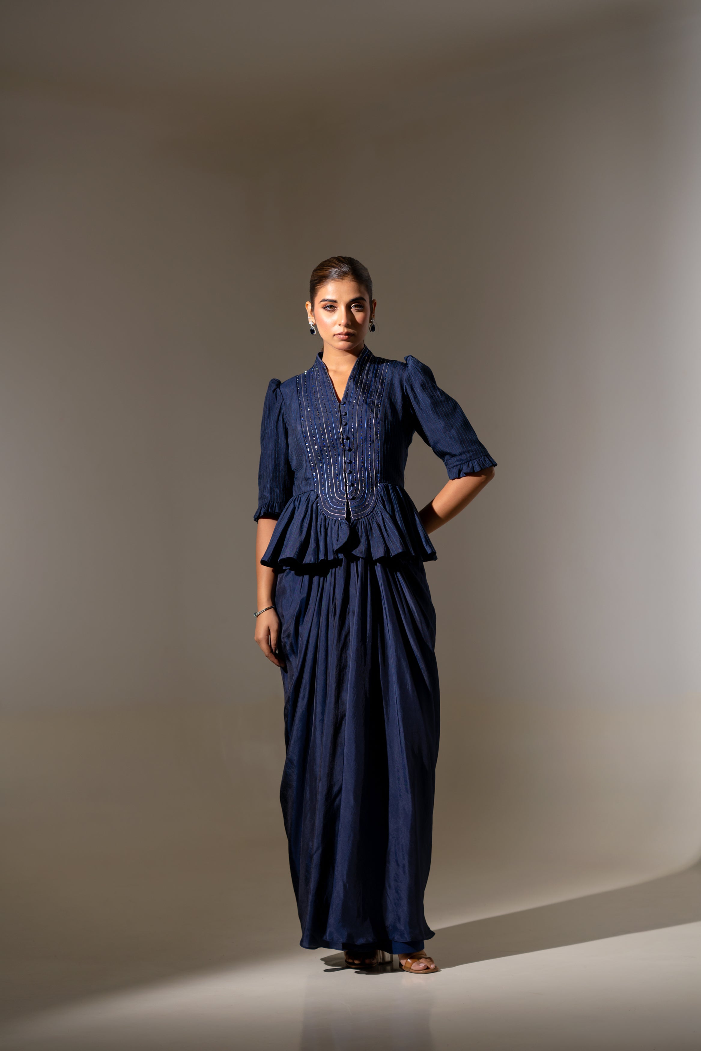 BLUE EMBELLISHED PEPLUM TOP WITH DRAPED SKIRT SET