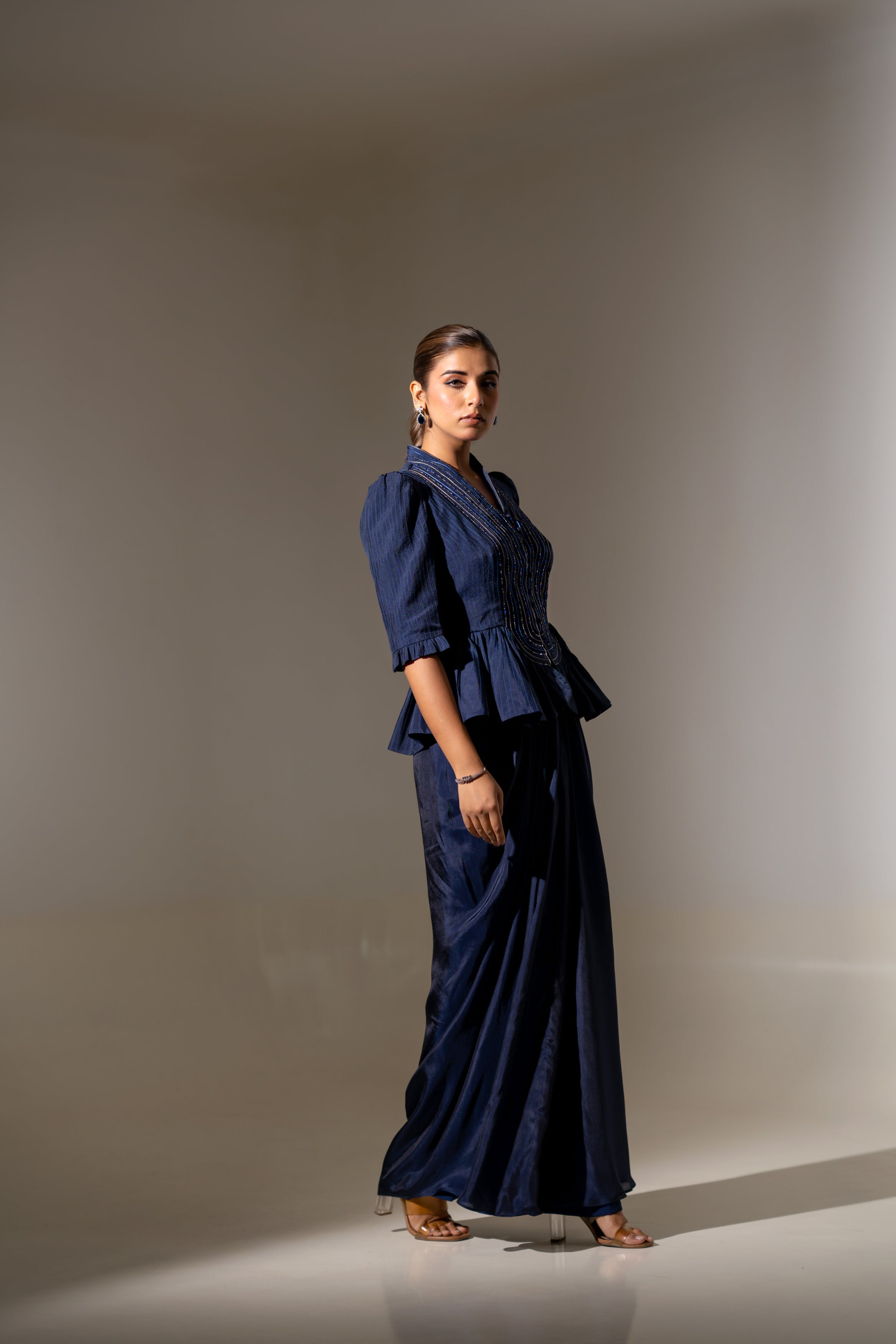 BLUE EMBELLISHED PEPLUM TOP WITH DRAPED SKIRT SET