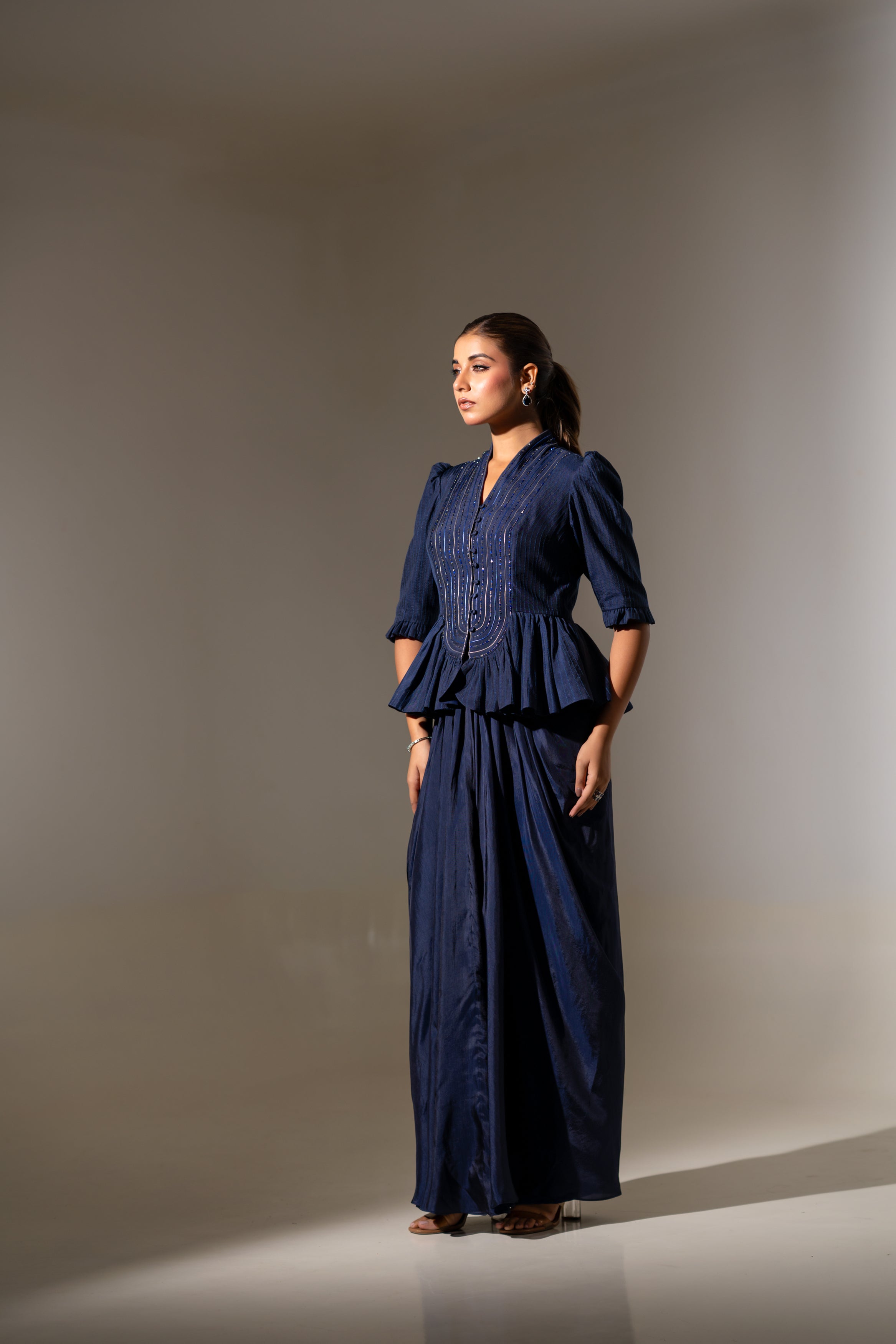 BLUE EMBELLISHED PEPLUM TOP WITH DRAPED SKIRT SET