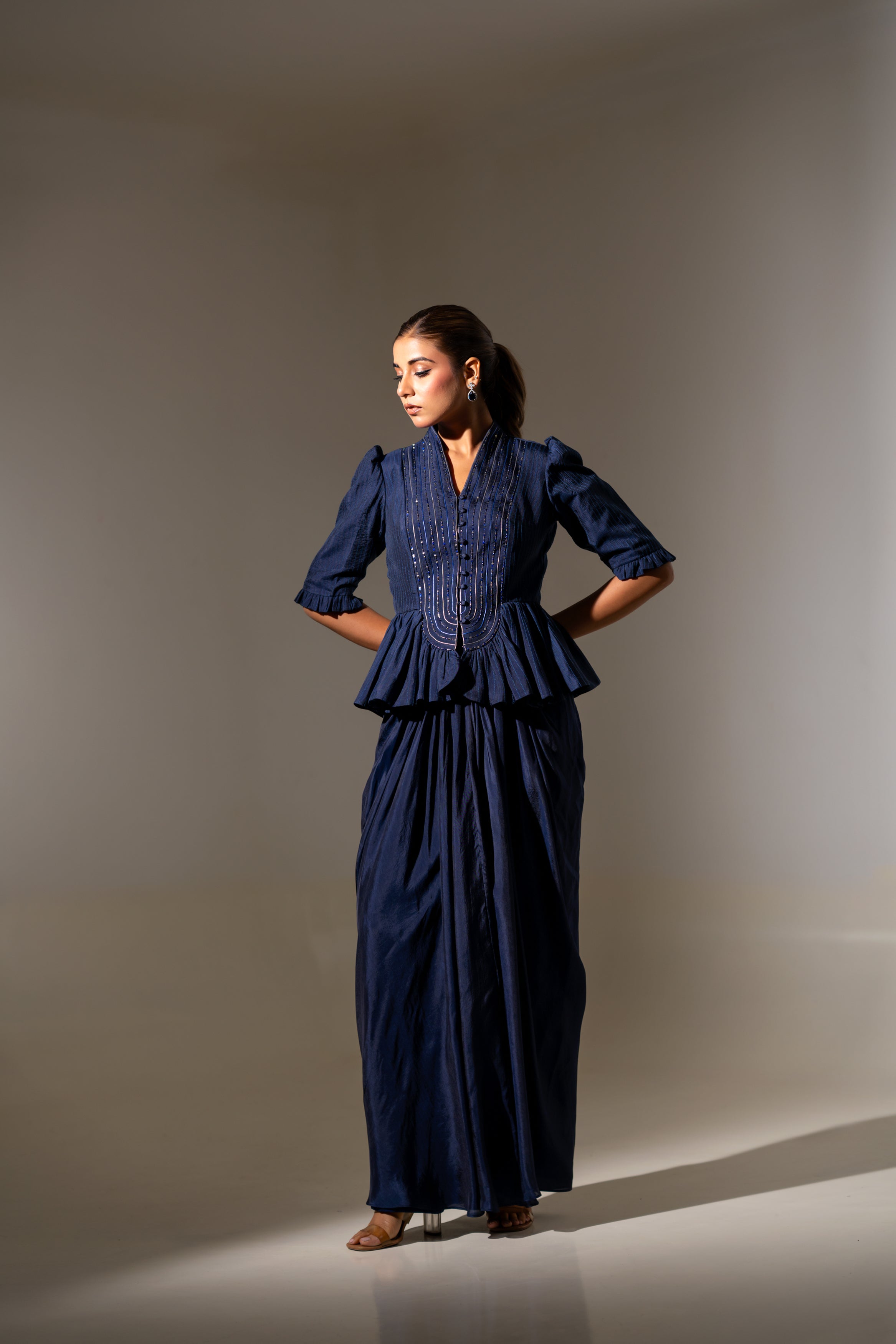 BLUE EMBELLISHED PEPLUM TOP WITH DRAPED SKIRT SET