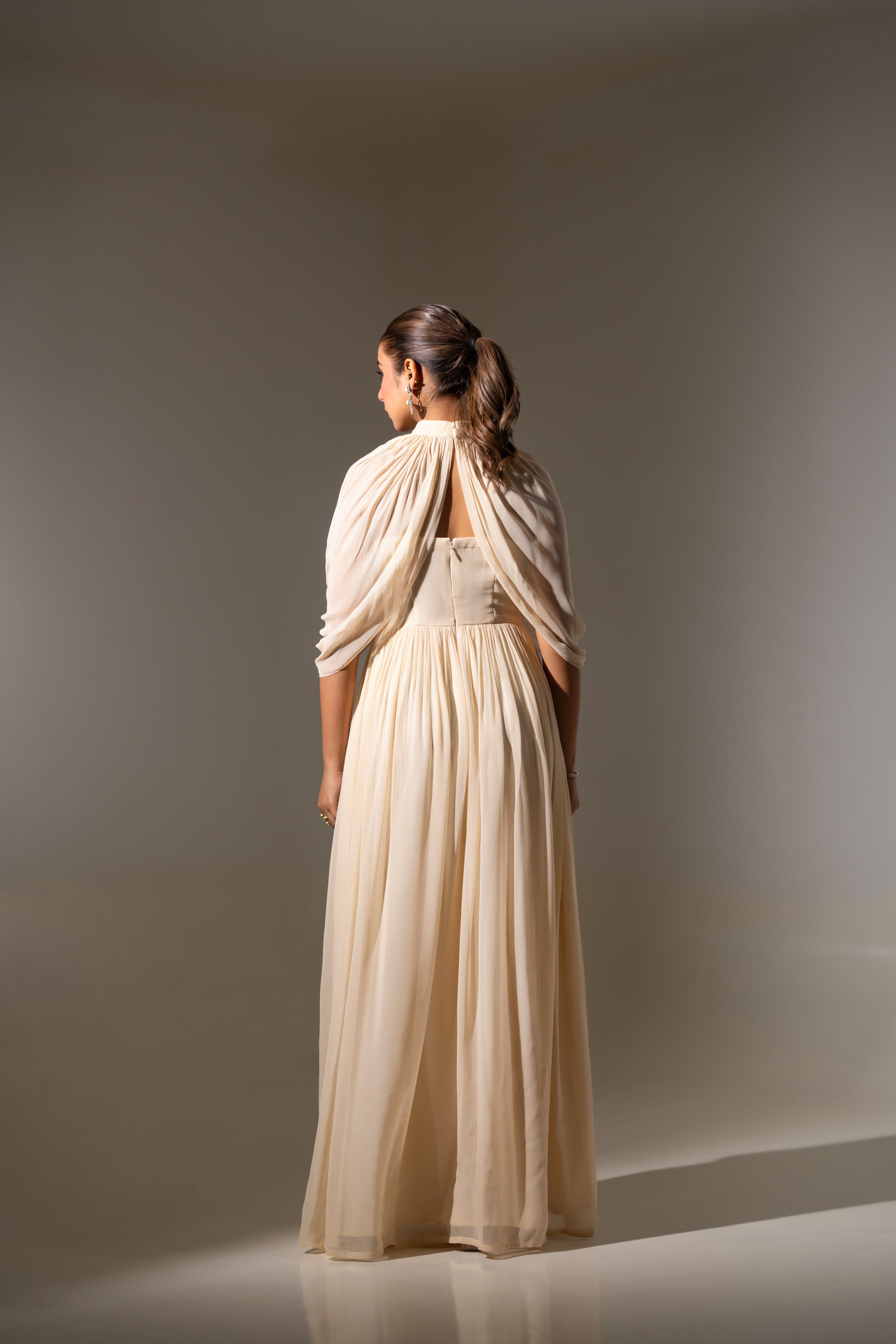 OFF WHITE GATHERED CAPE WITH FLOWY GOWN