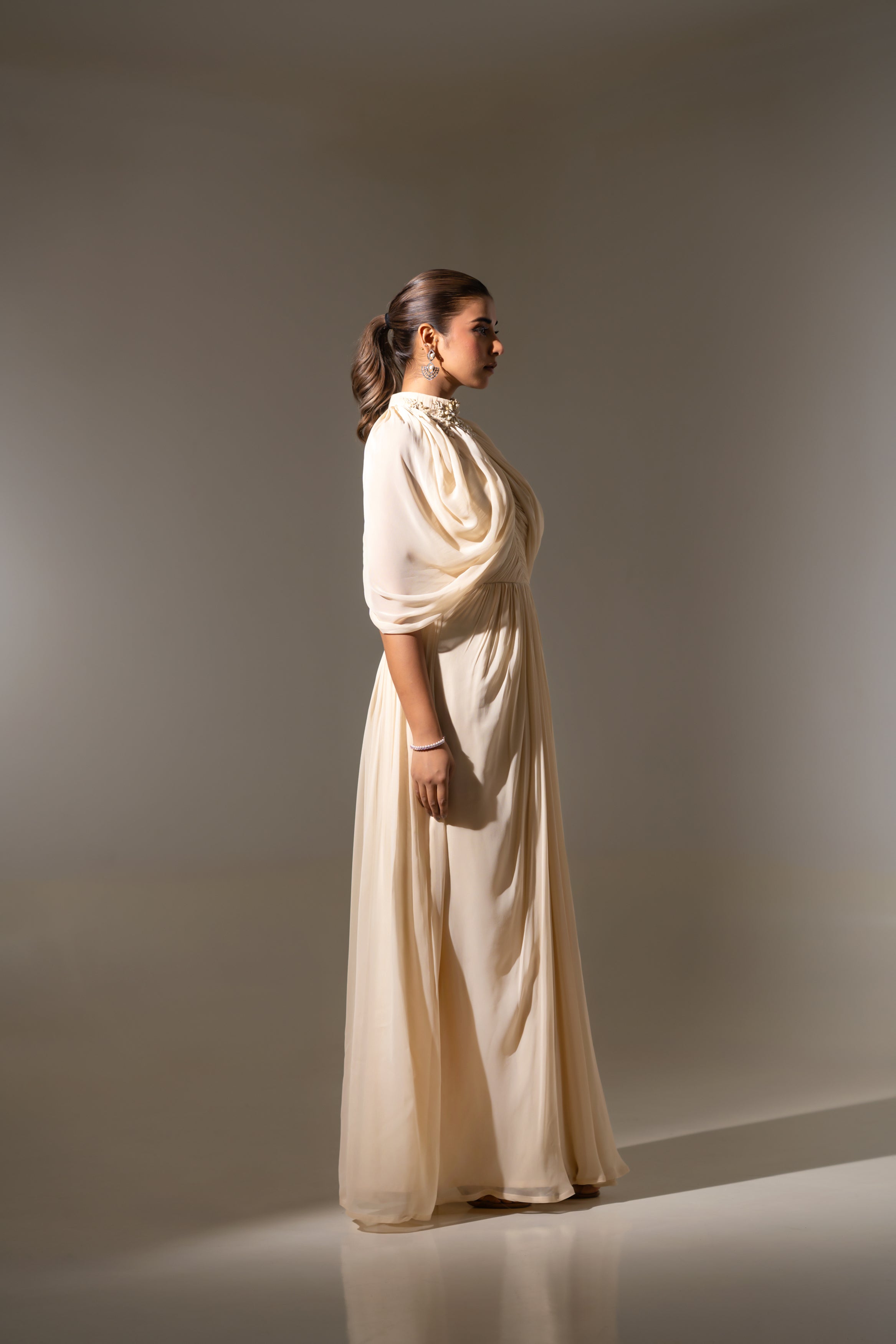 OFF WHITE GATHERED CAPE WITH FLOWY GOWN