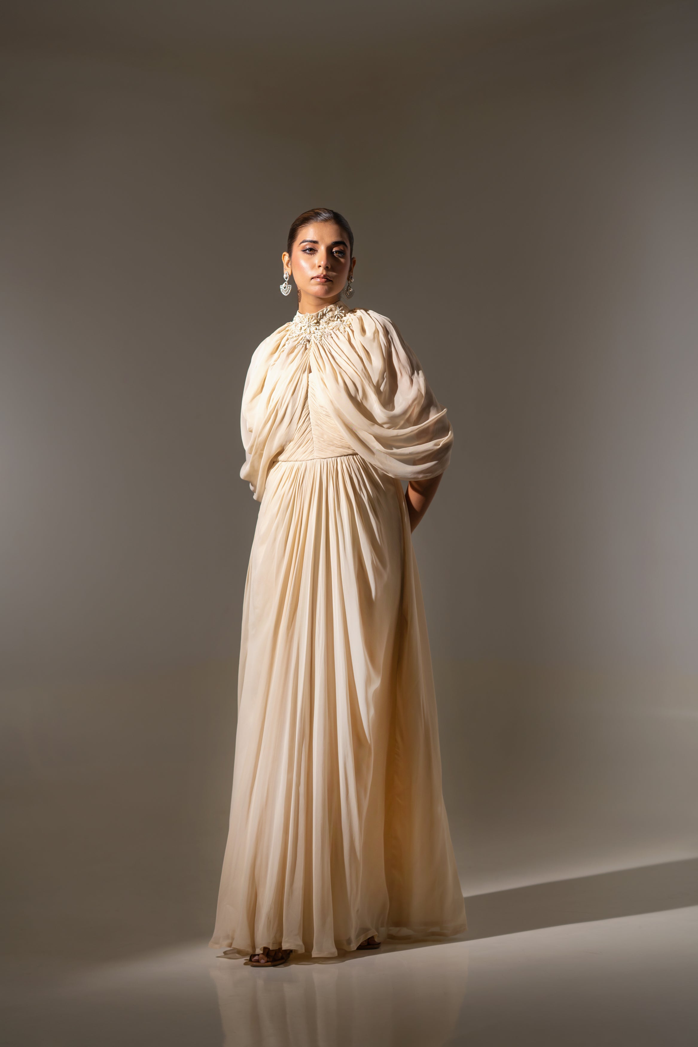OFF WHITE GATHERED CAPE WITH FLOWY GOWN