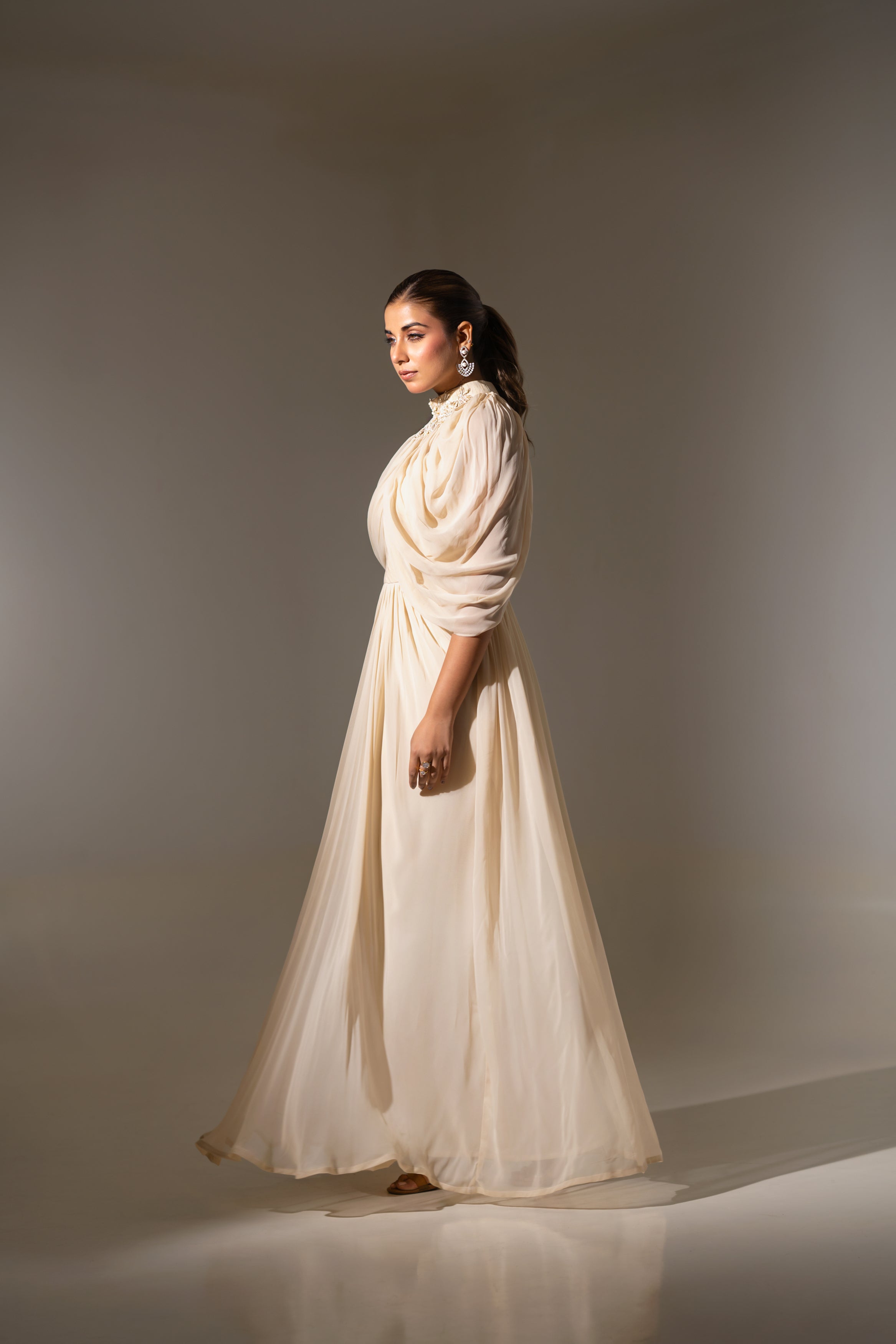 OFF WHITE GATHERED CAPE WITH FLOWY GOWN