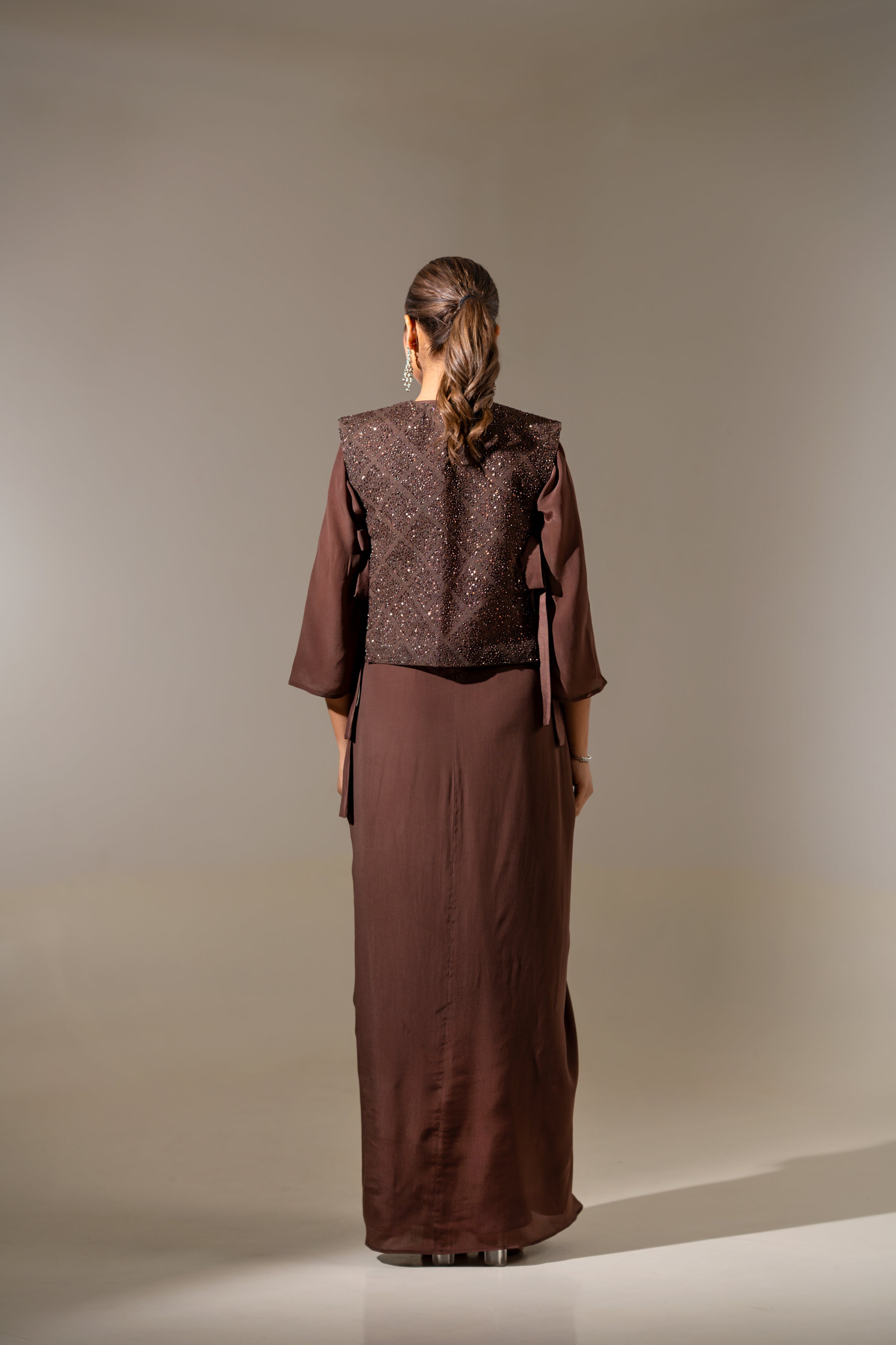 BROWN EMBELLISHED JACKET WITH DRAPED GOWN