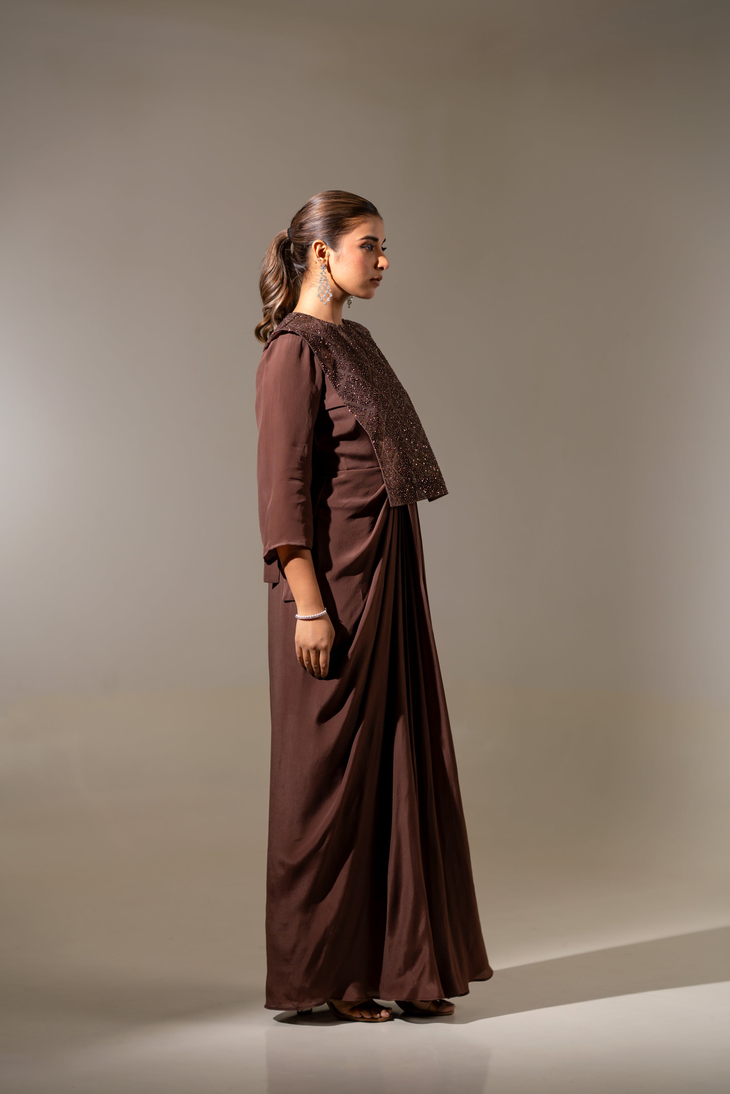 BROWN EMBELLISHED JACKET WITH DRAPED GOWN