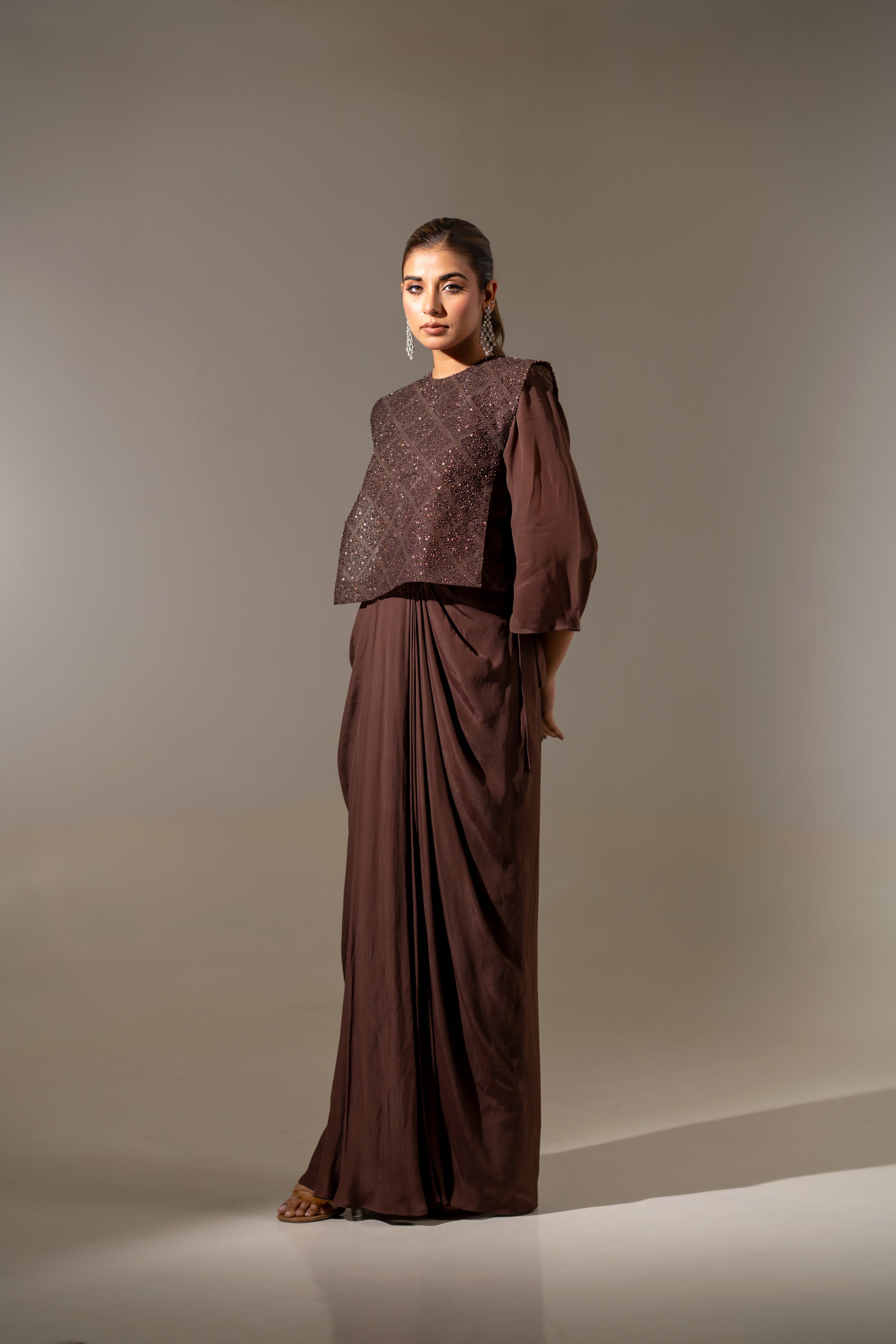 BROWN EMBELLISHED JACKET WITH DRAPED GOWN