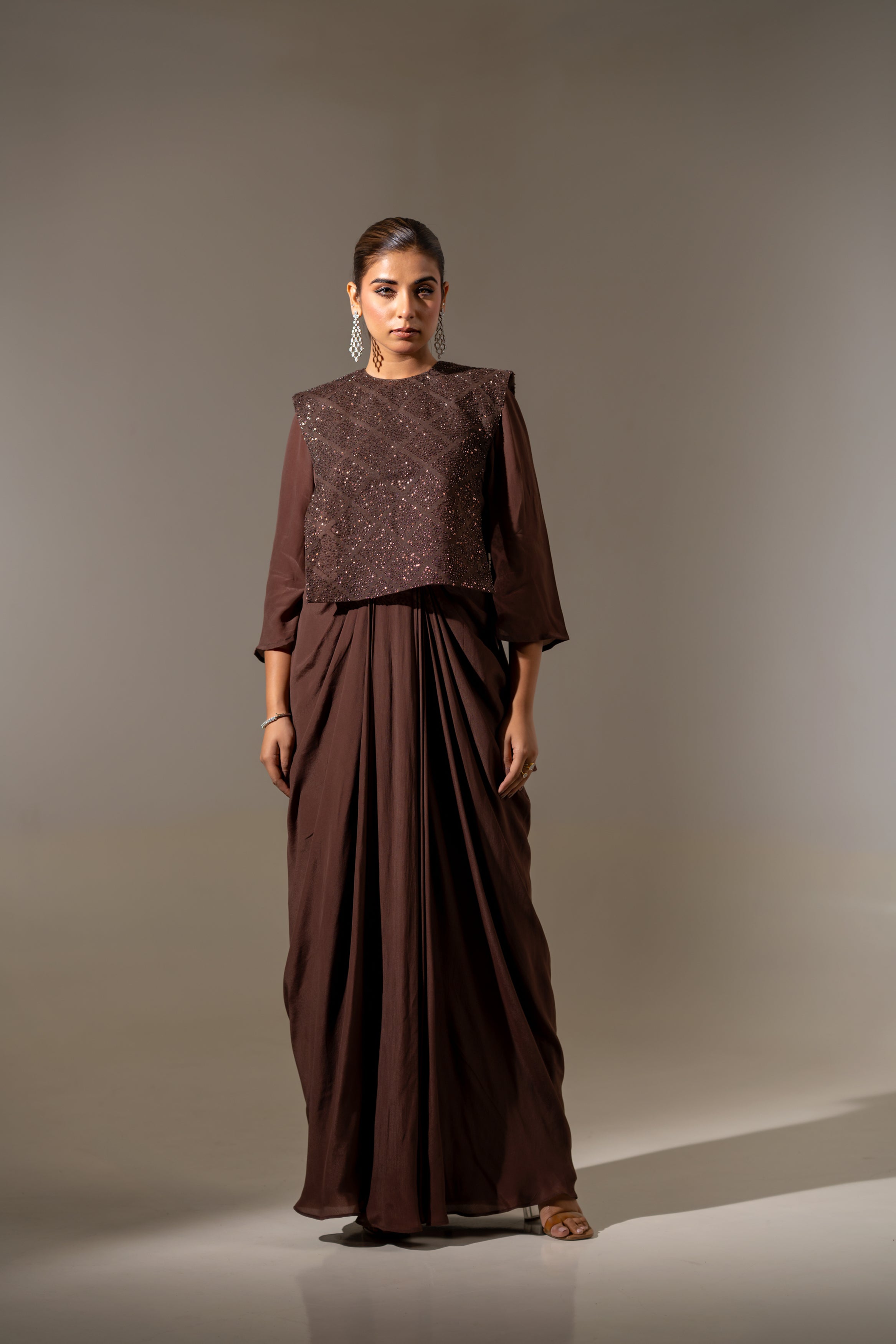 BROWN EMBELLISHED JACKET WITH DRAPED GOWN