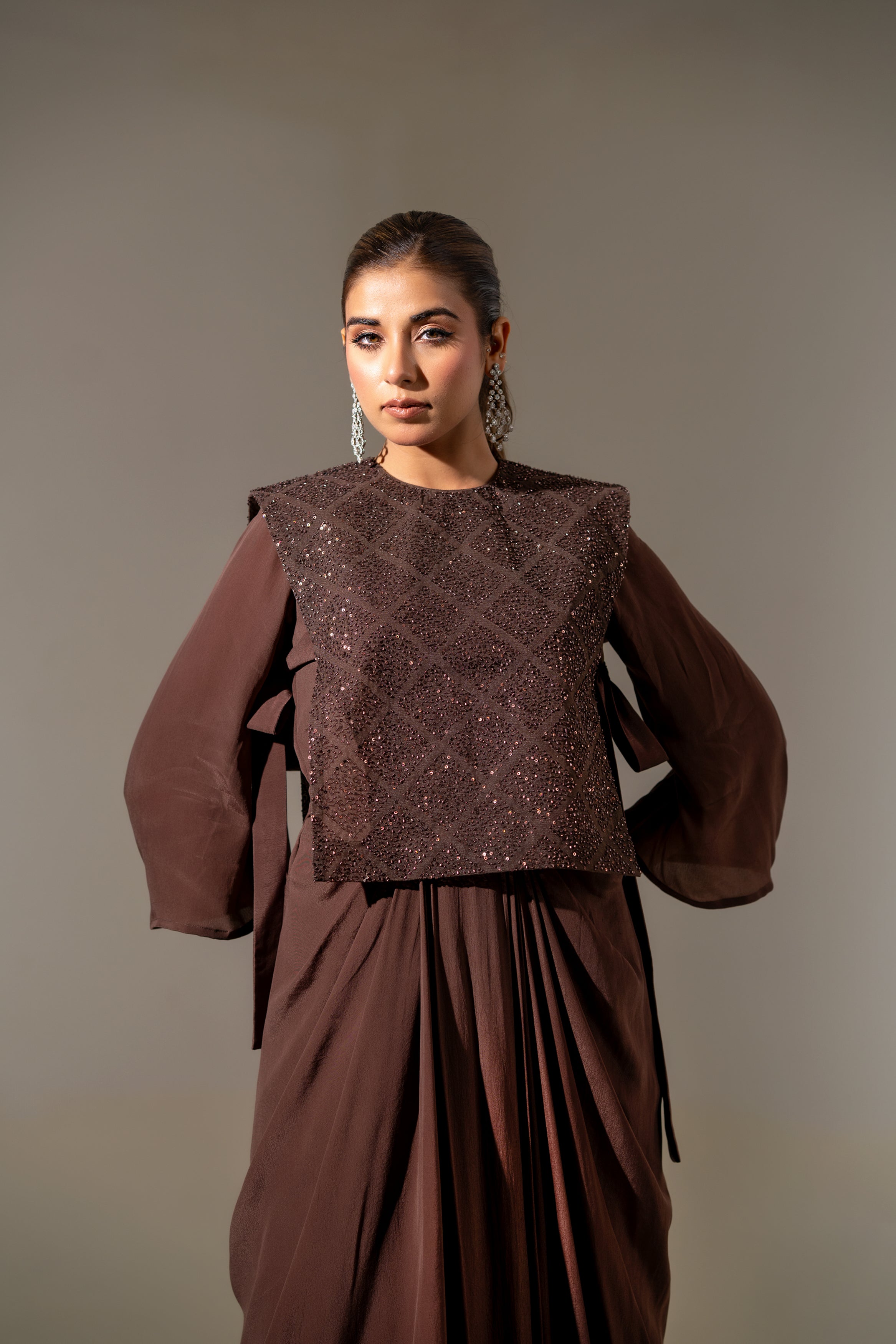 BROWN EMBELLISHED JACKET WITH DRAPED GOWN