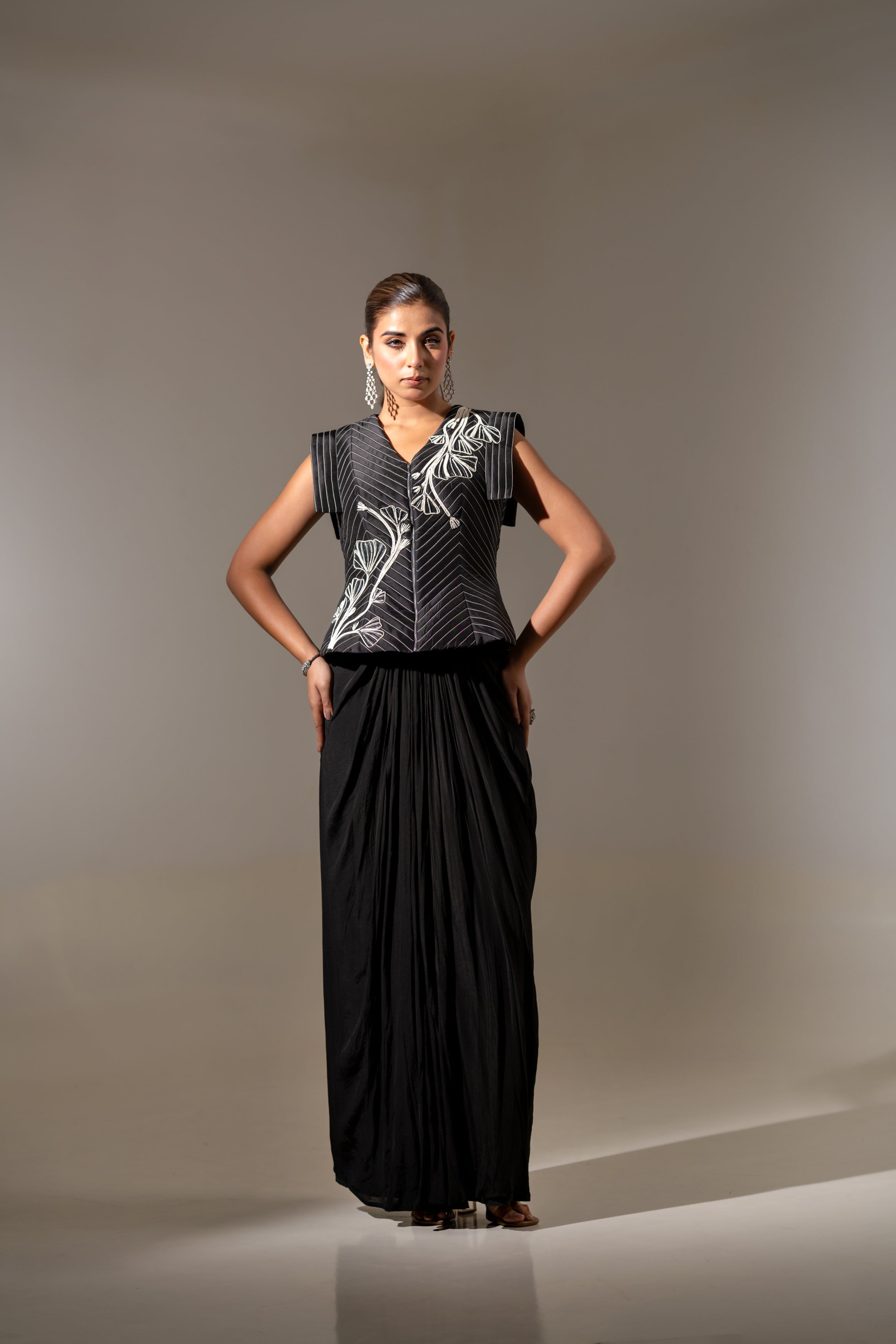 EMBROIDERED JACKET WITH DRAPED SKIRT