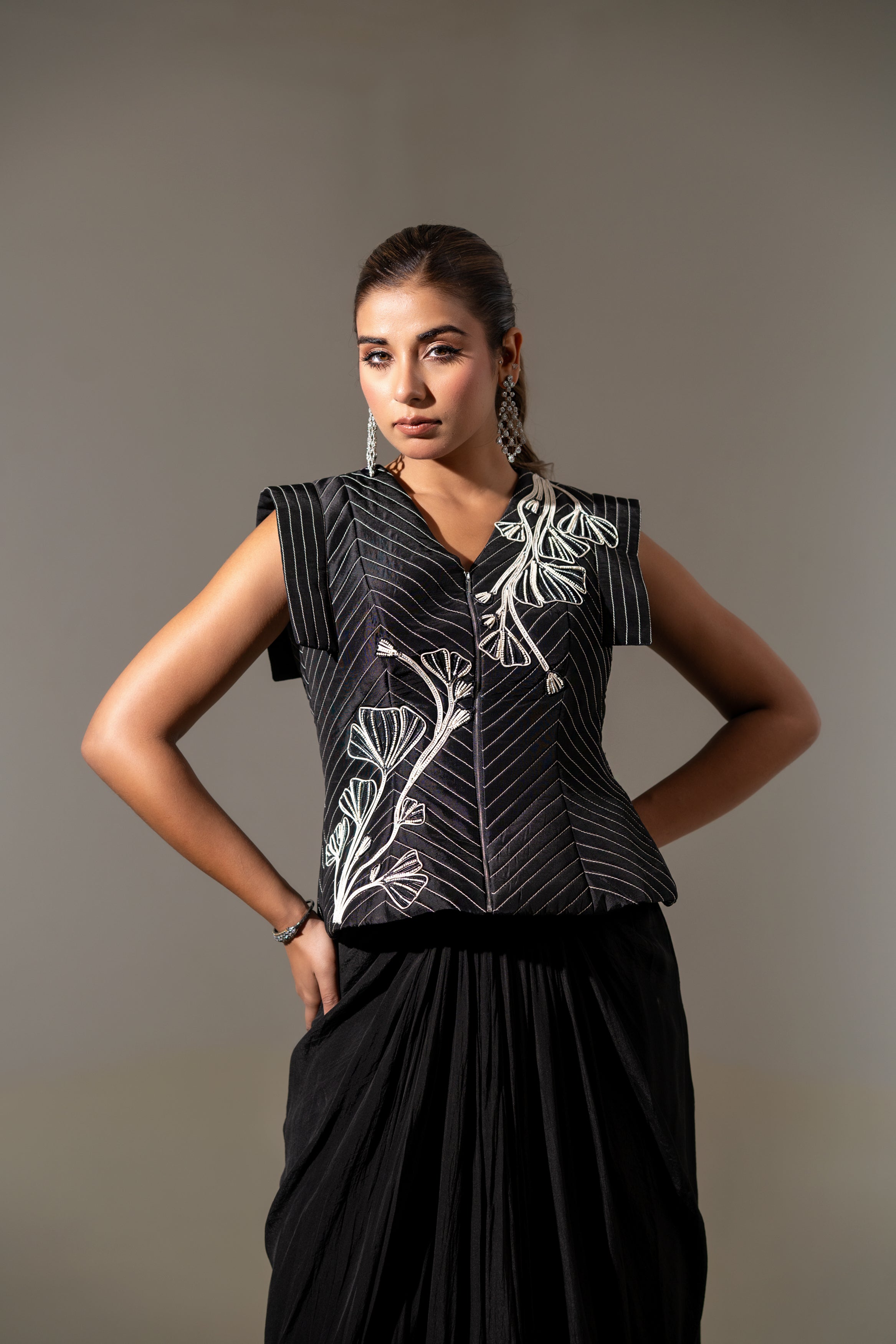 EMBROIDERED JACKET WITH DRAPED SKIRT