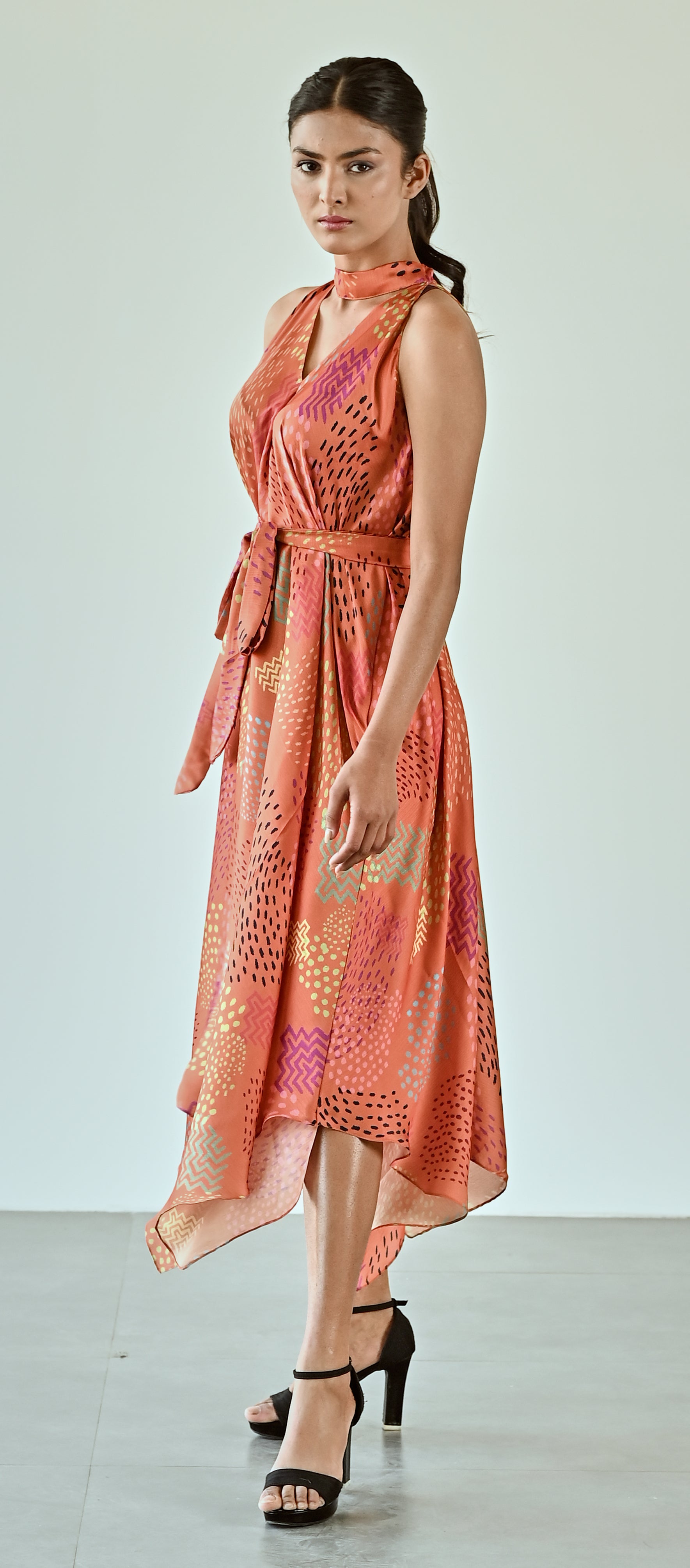 ORANGE PRINTED DRESS WITH BELT
