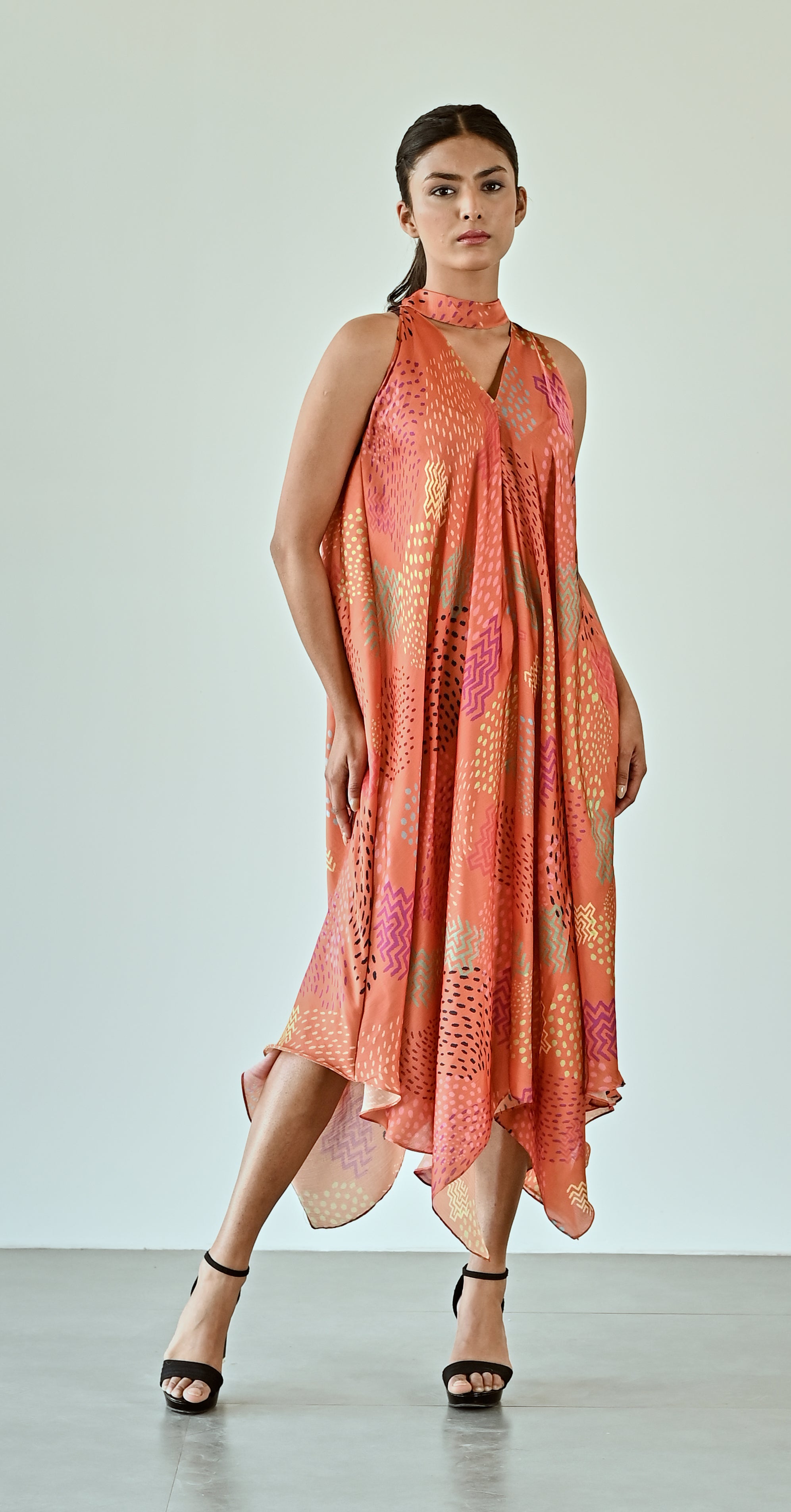 ORANGE PRINTED DRESS WITH BELT