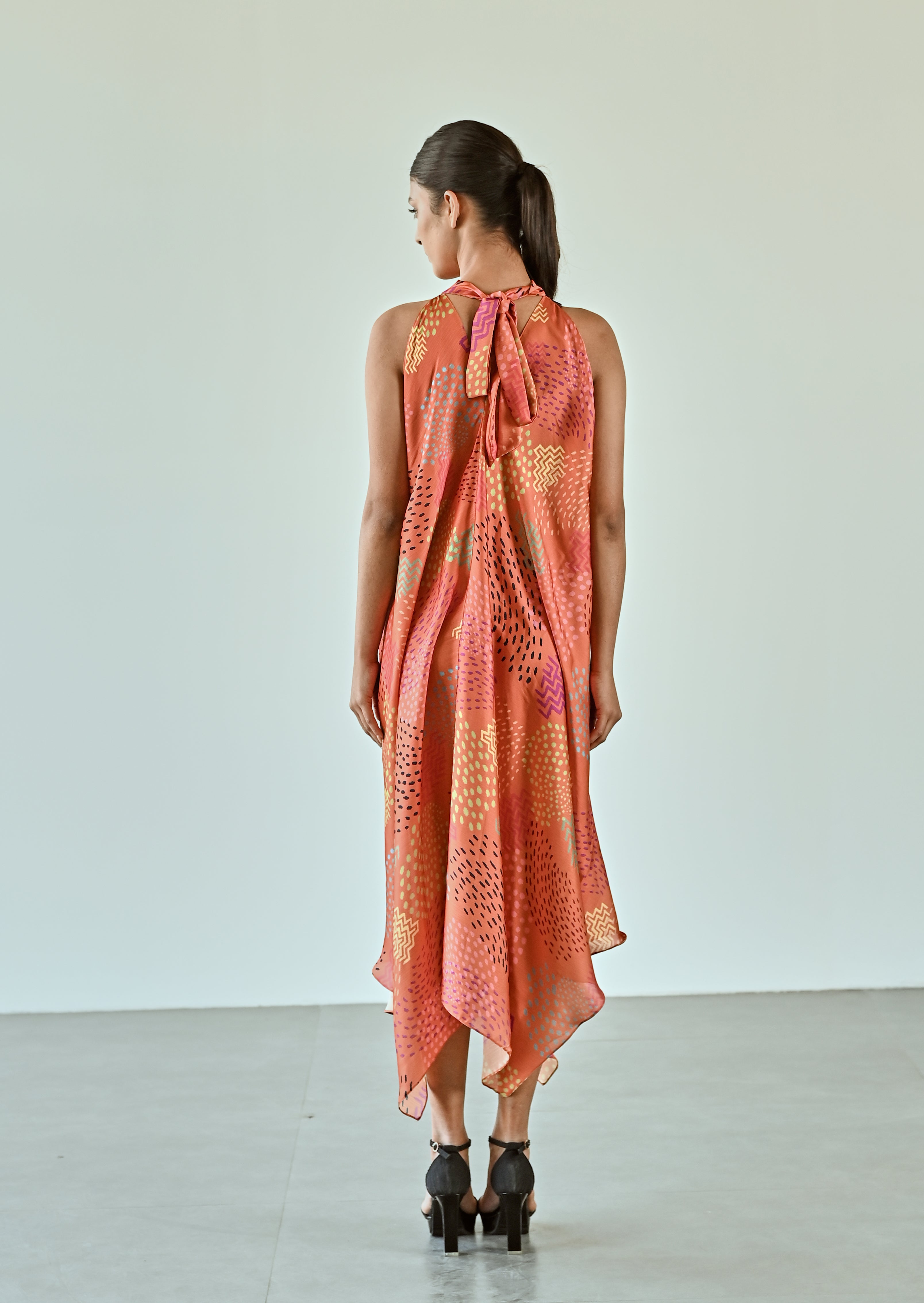 ORANGE PRINTED DRESS WITH BELT